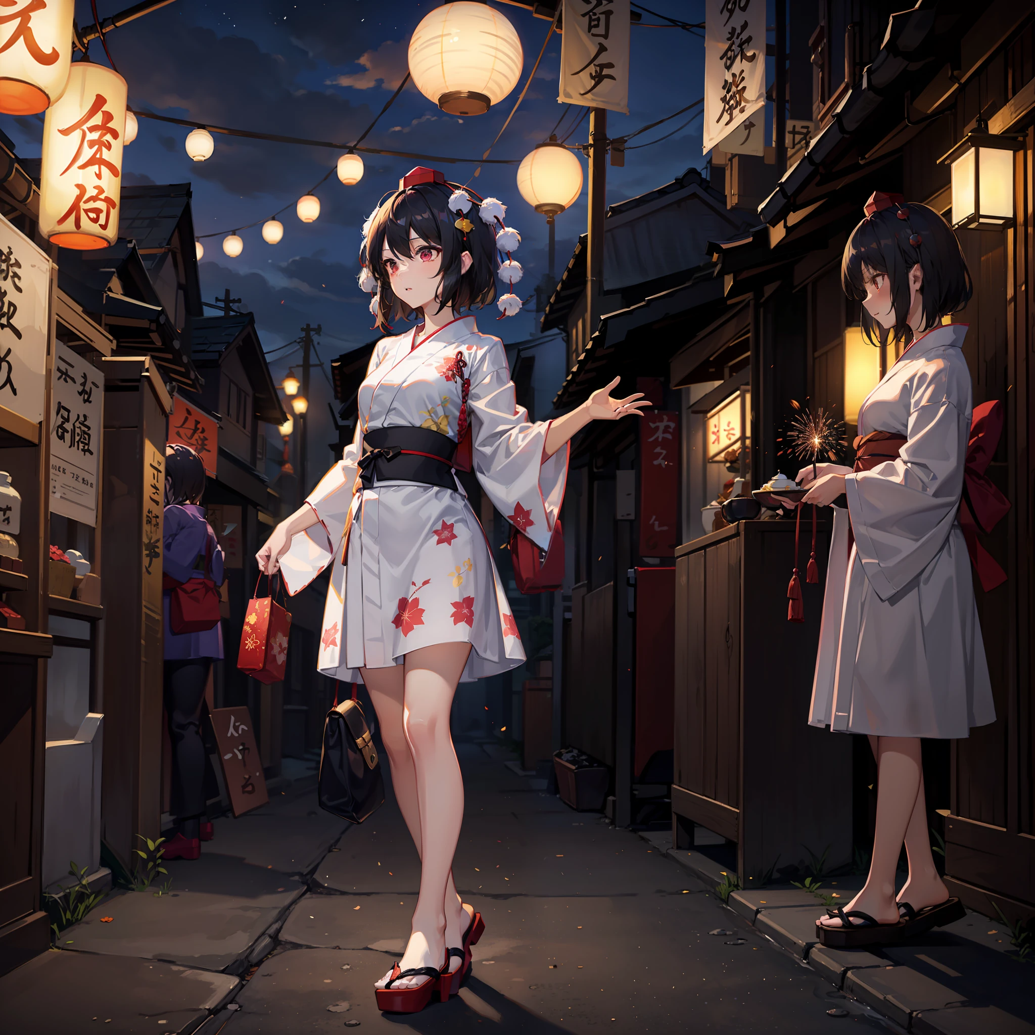 masute piece, Fine detail, 4K, 8K, 12K, Solo, One person, Beautiful Girl, caucasian female, Touhou Project Shameimaru Aya, Yukata, komono, Night, Summer Festival, Fireworks