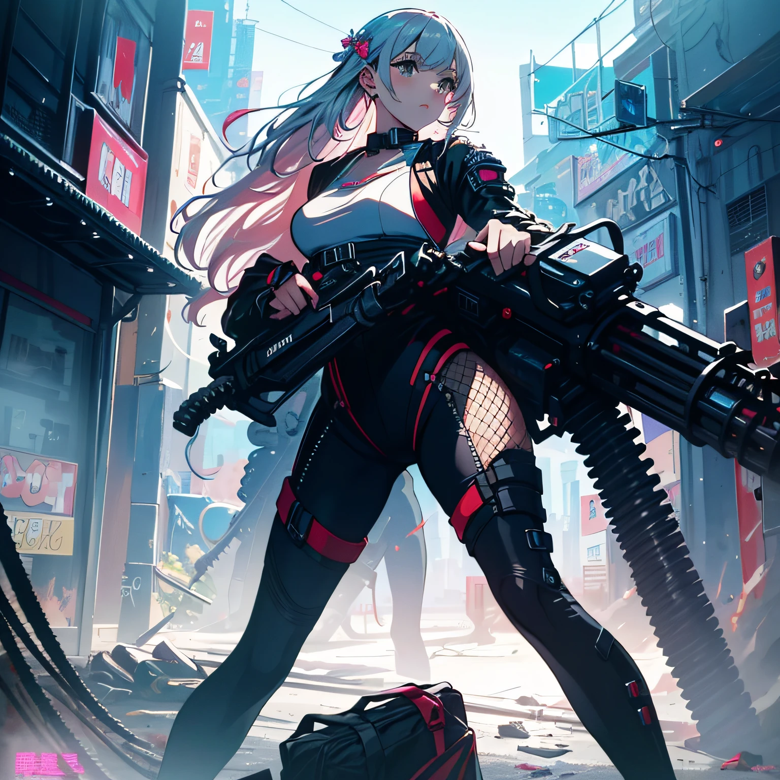 ((Best quality)), ((masterpiece)), (highly detailed:1.3) beautiful hyper waifu in cyberpunk bodysuit firing gatling gun,gun,anime,