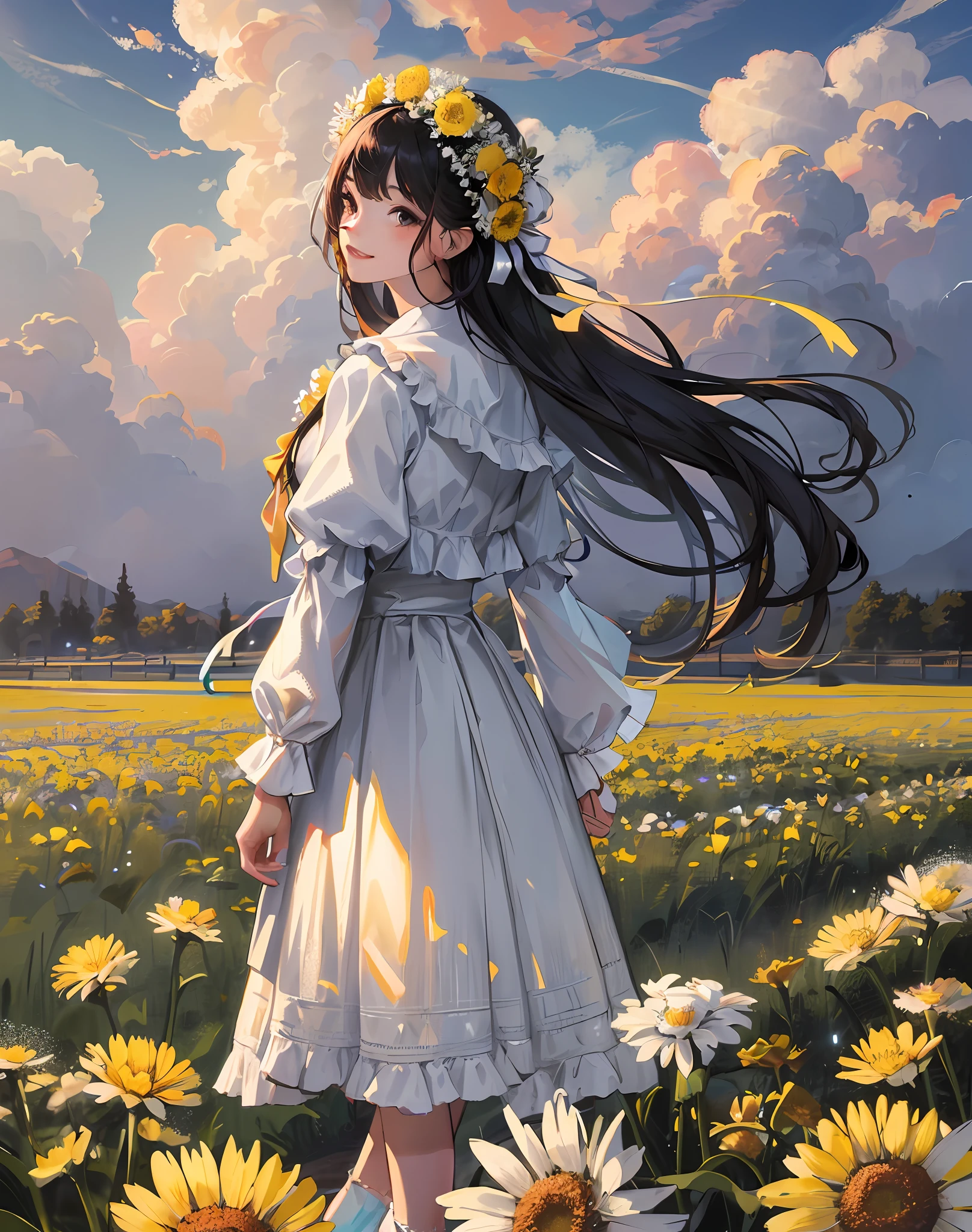 Best quality, masterpiece, high image quality, 1 girl, full body, blush, (attractive smile: 0.8), white clothes, blue pleated skirt, skirt with lace, black hair, ribbon, beautiful face, smile, showing teeth, flowers blooming on both sides of the road, yellow chrysanthemums, red flowers, green grass, spring, white clouds, full body, intense light and shadow, photographic effects, realistic, edge lighting, two-tone lighting, (high detail skin: 1.2), 8k ultra high definition, SLR, soft lighting, high quality, volumetric lighting,Capture, Photo, High Resolution, 4K, 8K,