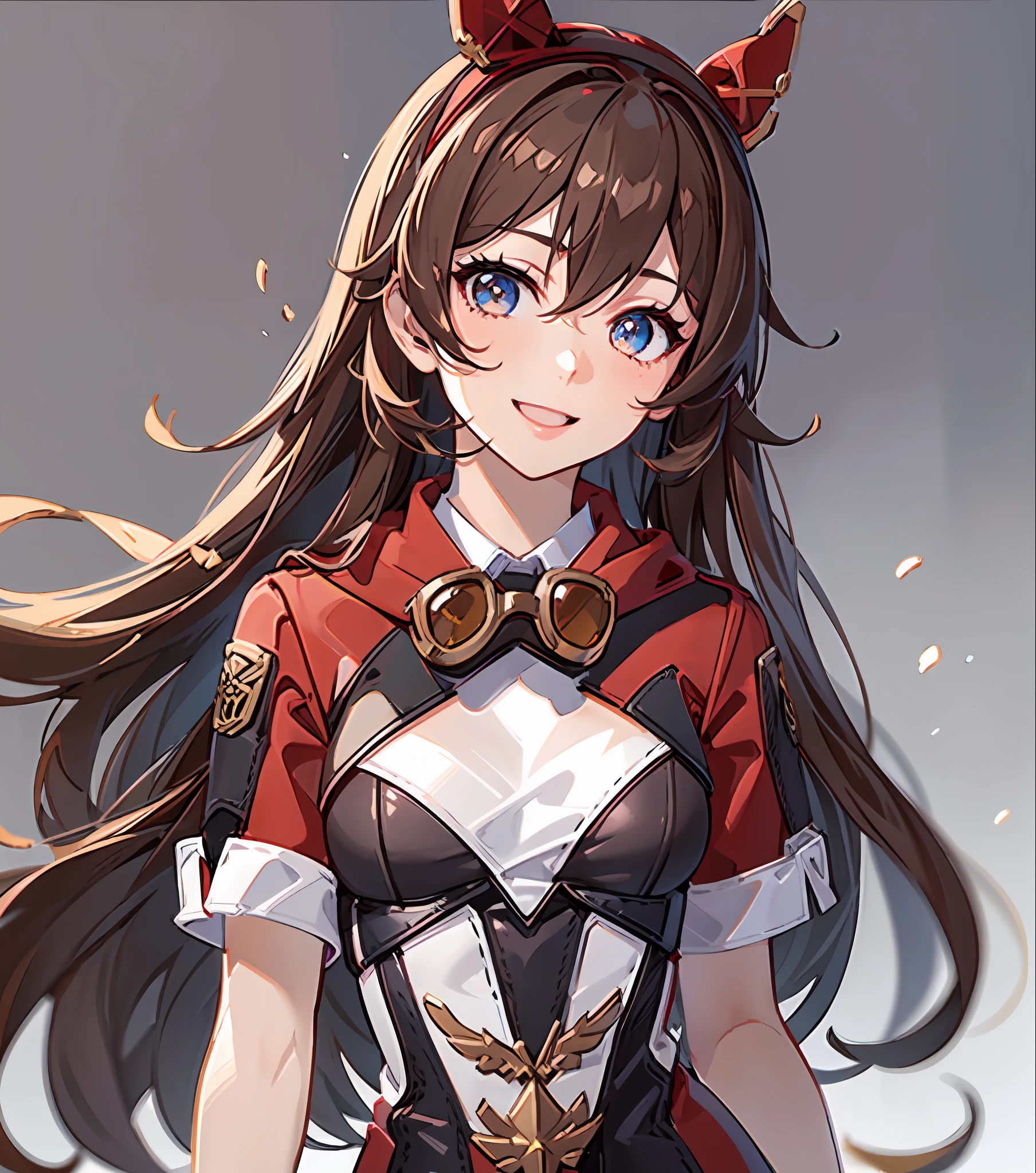 1girl, (solo:1.2), ((masterpiece)), slim, small chest, pale skin, ((detailed eyes)), (bokeh effect), (dynamic angle), dynamic pose, brown hair, bow tie, red attire, goggles, gloves, golden eyes, amberrnd, smile, long hair, simple background