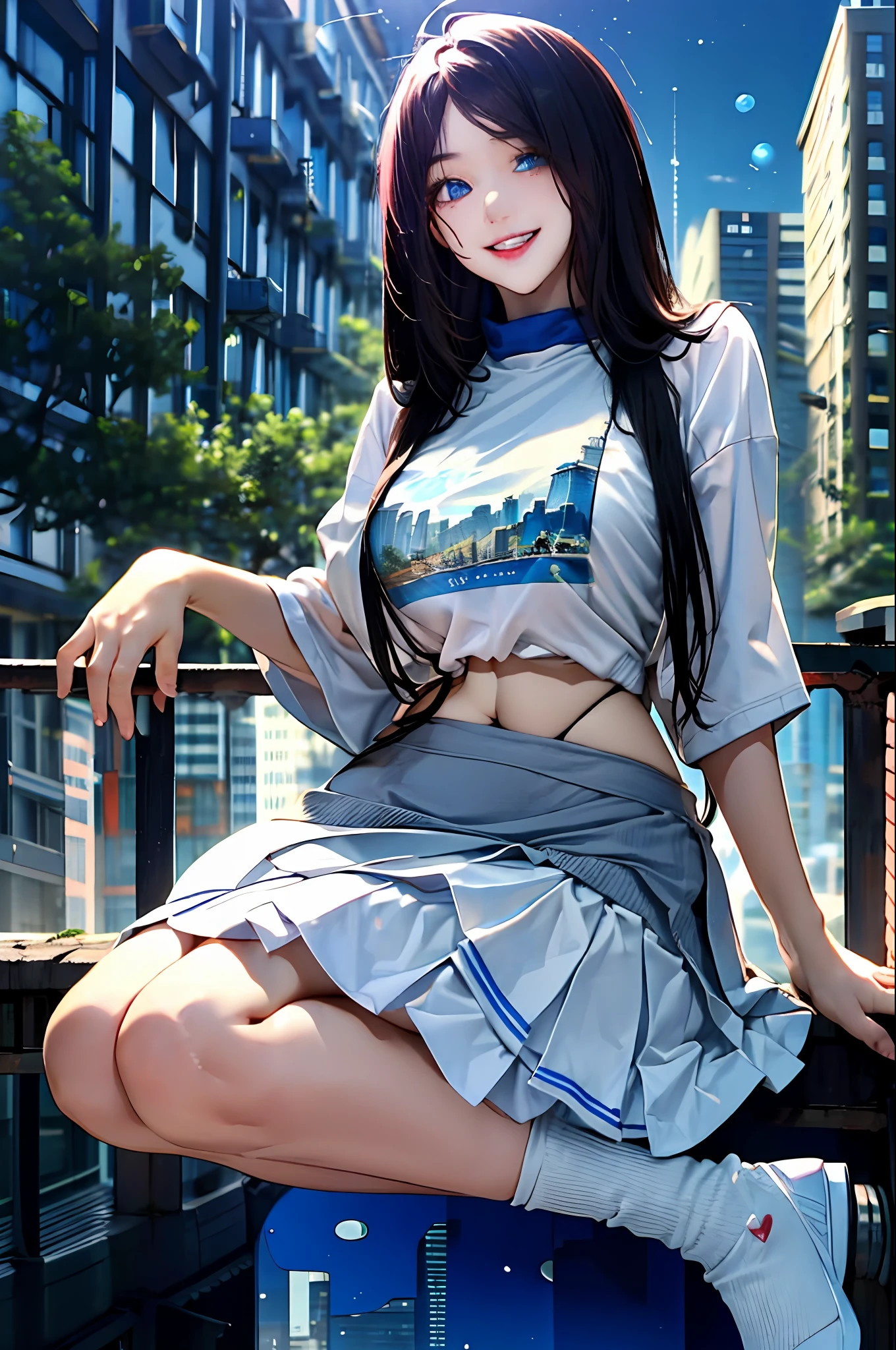 official art, masterpiece, sharp focus, (beautiful gorgeous cute Korean woman:1.3), (beautiful cute korean:1.3), korean beauty, Delicate and beautiful hair and eyes and face, realistic, ultra detailed, beautiful girl, blue sky, glow white particle, (sidelighting:1.2), sun light, white cloud, detailed clouds, slender, Lovely very large breasts and very large hips, smile with teeth, ((smile with eyes, open both eyes)), scenery, long straight hair, sexy facial expression, building, (cityscape:1.7), dynamic hair, long straight hair, detailed platinum pink hair, glow blue eyes, (blue pleated shirts + white skirt), white long socks, pale skin, hair ornament, epic scenery,