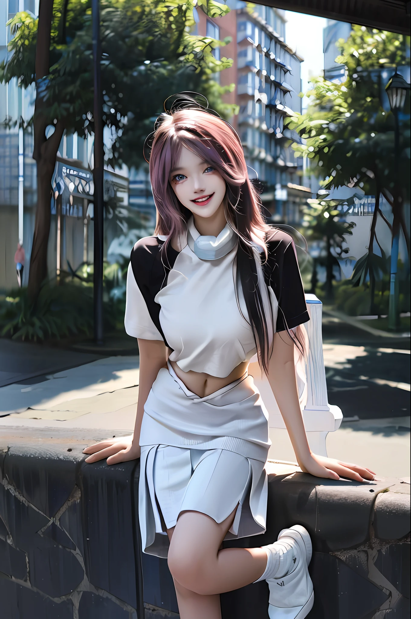 official art, masterpiece, sharp focus, (beautiful gorgeous cute Korean woman:1.3), (beautiful cute korean:1.3), korean beauty, Delicate and beautiful hair and eyes and face, realistic, ultra detailed, beautiful girl, blue sky, glow white particle, (sidelighting:1.2), sun light, white cloud, detailed clouds, slender, Lovely very large breasts and very large hips, smile with teeth, ((smile with eyes, open both eyes)), scenery, long straight hair, sexy facial expression, building, (cityscape:1.7), dynamic hair, long straight hair, detailed platinum pink hair, glow blue eyes, (blue pleated shirts + white skirt), white long socks, pale skin, hair ornament, epic scenery,