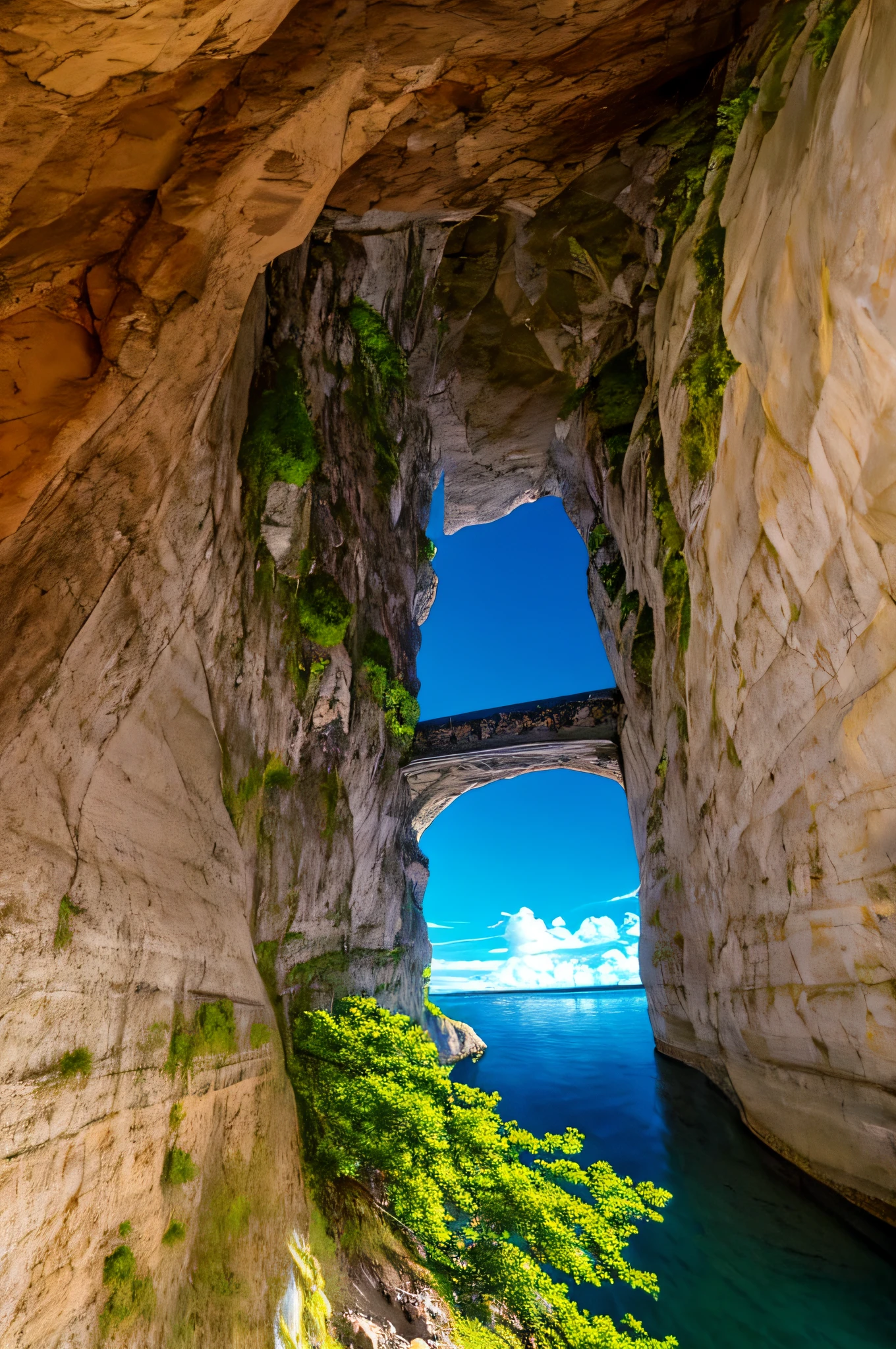 Interior de la cueva, agua, puente,