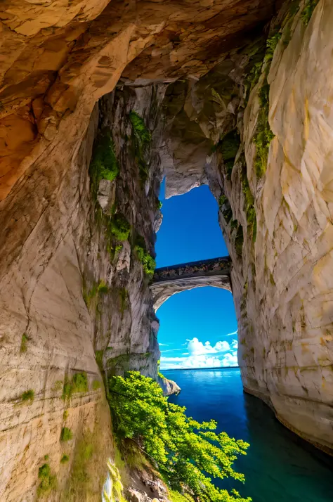 cave interior, water, bridge,