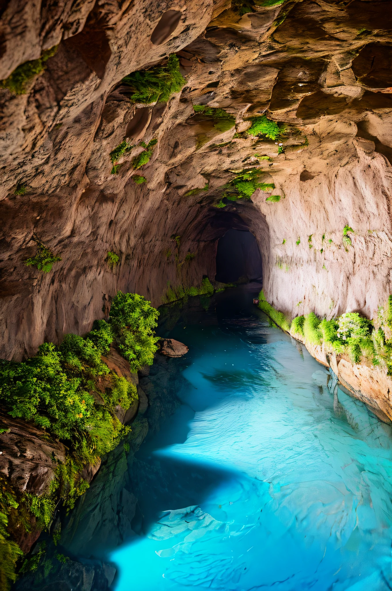 Interior de la cueva, agua, puente,