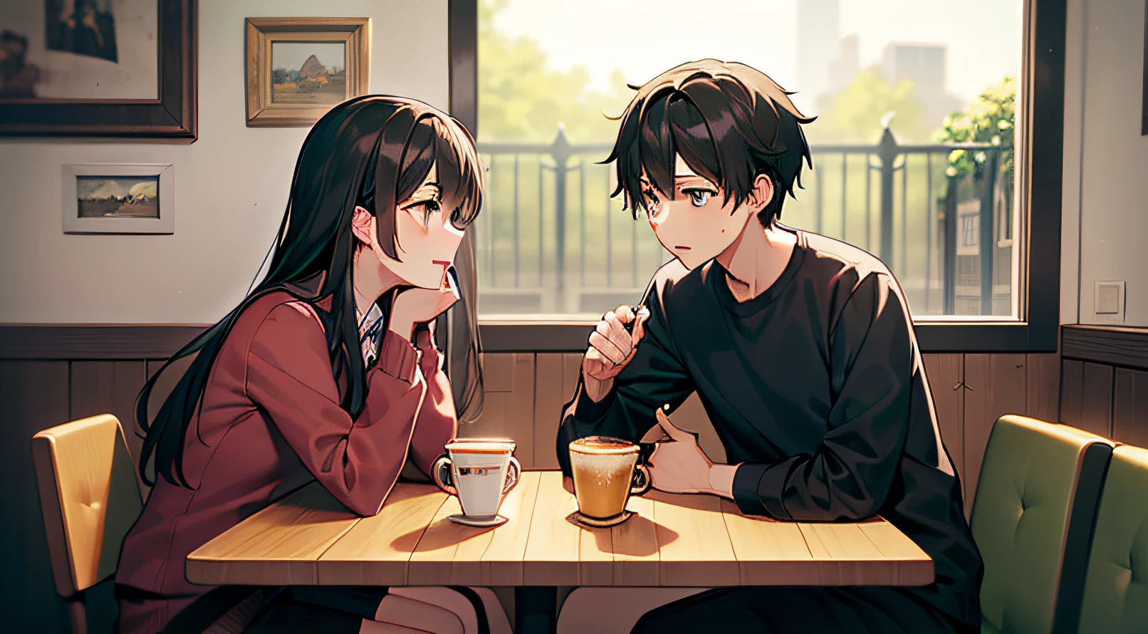 환경: 특이한 커피숍.소녀와 소년은 테이블에 앉아, 활기차게 채팅 중 [ 동물 스타일 2D]