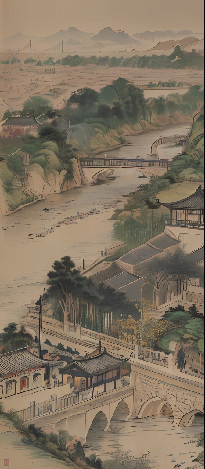 scenery。Qingming upper river map，Horizontal layout，A high resolution，Best Quority，hyper detailled，dynamic angle，afloat，Bustling cityscape，Complicated details，Historic buildings，Flowing rivers，Vivid colors of，Volumetriclighting，Crowded boats and bridges，Rich cultural background。