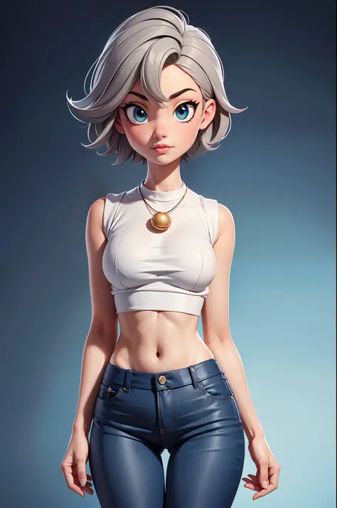 Super sexy Maria dressed （Low-cut and tight （Flared jeans））， （（White crop top top：1.5） Vest with exposed neckline）， Short hair, ...