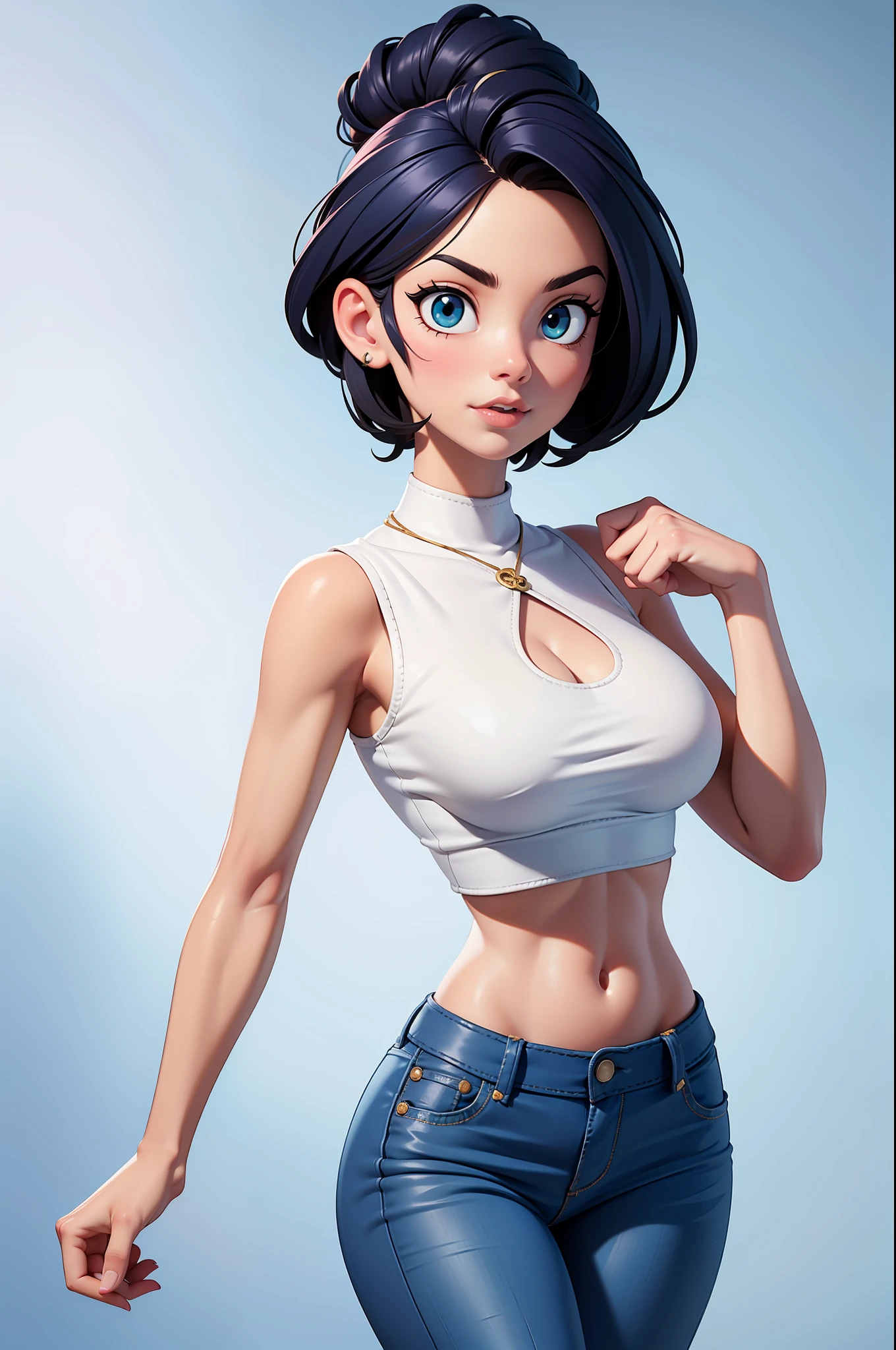 Super sexy Maria dressed （Low-cut and tight （Flared jeans））， （（White crop top top：1.5） Vest with exposed neckline）， Short hair, The hair is bluish white， photorealestic， photography of， （A high resolution）， （realisticlying：1.4）， （very intricate）， （exquisitedetails）， highly detaile， A high resolution， Original， Extremely detailed 8k wallpaper， Best Quority， Detailed face， hyper detailled， OriginalPhoto， realisticlying， （thigh gap：1.5）