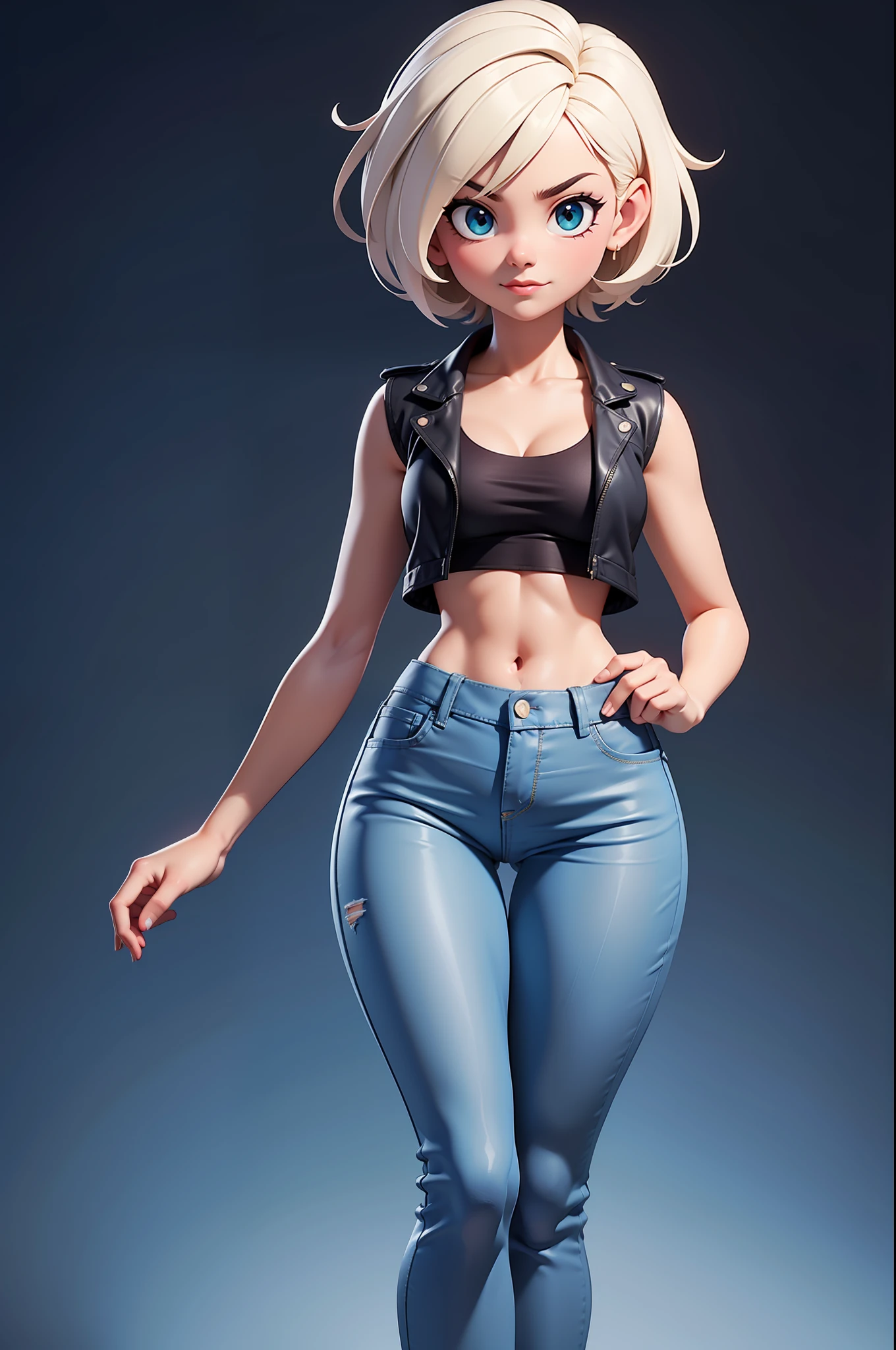 Super sexy Maria dressed （Low-cut and tight （Flared jeans））， （（White crop top top：1.5） Vest with exposed neckline）， Short hair, The hair is bluish white， photorealestic， photography of， （A high resolution）， （realisticlying：1.4）， （very intricate）， （exquisitedetails）， highly detaile， A high resolution， Original， Extremely detailed 8k wallpaper， Best Quority， Detailed face， hyper detailled， OriginalPhoto， realisticlying， （thigh gap：1.5）