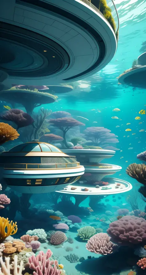 underwater break underwater metal sci-fi 60s style house with oval forms vivid colors,