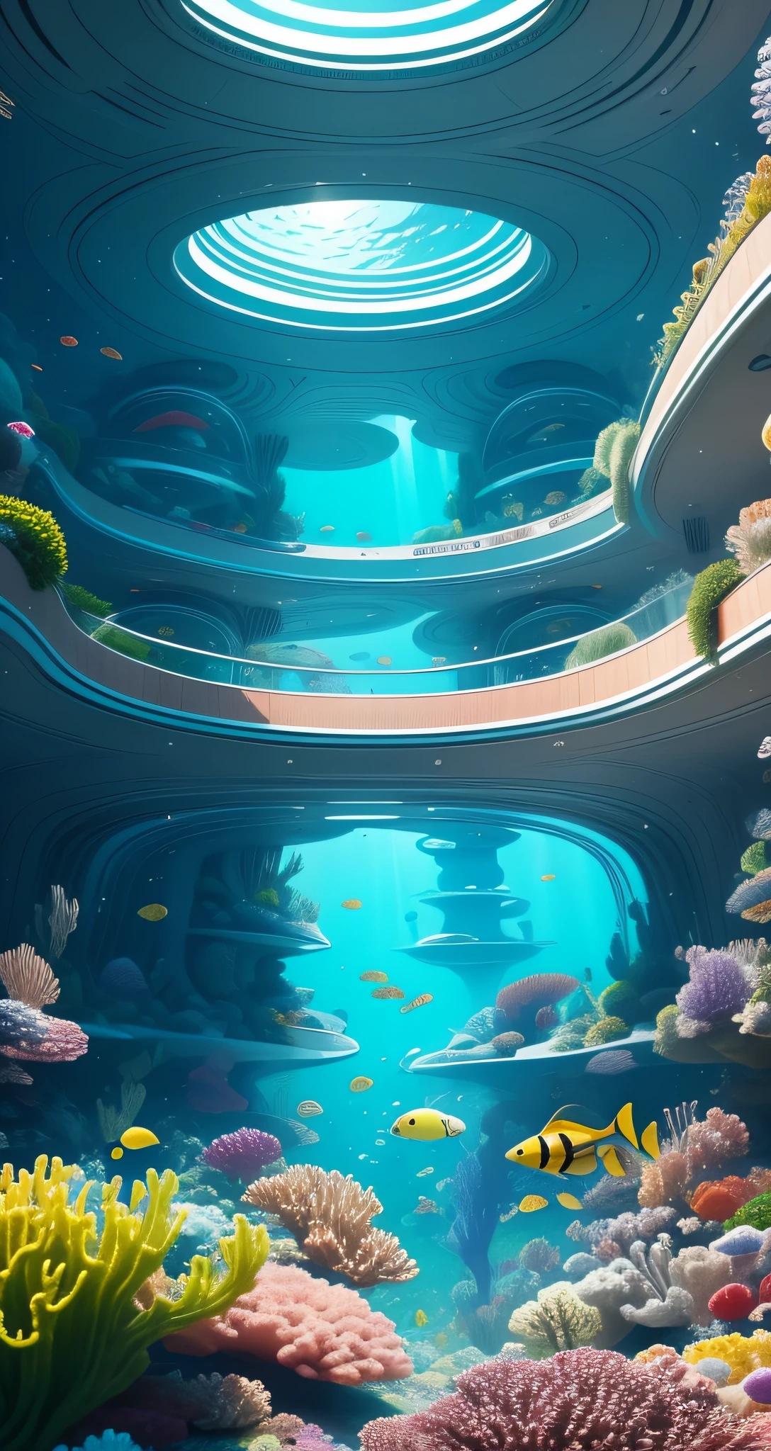 underwater BREAK underwater metal sci-fi 60s style house with oval forms vivid colors,