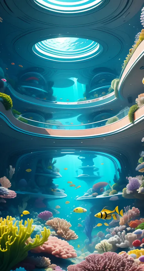 underwater break underwater metal sci-fi 60s style house with oval forms vivid colors,