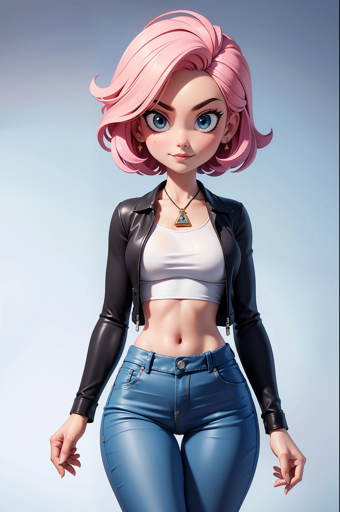 Super sexy Maria dressed （Low-cut and tight （Flared jeans））， （（Pink crop top top：1.5） Vest with exposed neckline）， Short hair, The hair is bluish white， photorealestic， photography of， （A high resolution）， （realisticlying：1.4）， （very intricate）， （exquisitedetails）， highly detaile， A high resolution， Original， Extremely detailed 8k wallpaper， Best Quority， Detailed face， hyper detailled， OriginalPhoto， realisticlying， （thigh gap：1.5）