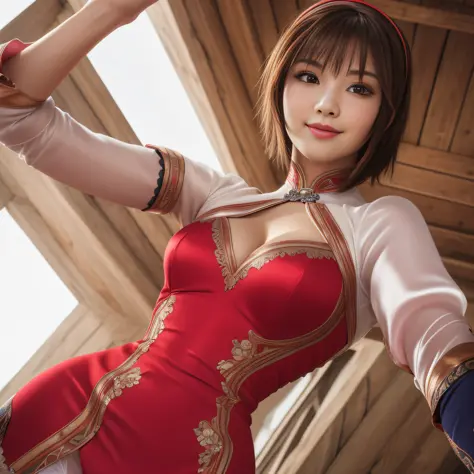 xianghua,brown eyes,short hair with long locks,lips,  brown hair,  solo, upper body,  cute,  smiling, low angle, from below, ass,  camel toe, blush,   ass view, 
xiaRobe, short red dress  , tight red thighhighs ,cleavage cutout ,hairband, detached sleeves ...