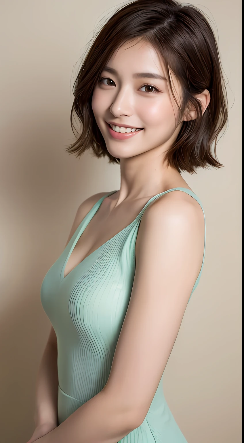 ((Best Quality, 8K, Masterpiece: 1.3)), 1 Girl, Slim Abs Beauty: 1.3, (Hairstyle Brown Hair Shortcut, Big: 1.2), Dress: 1.1, Super Slender Face, Delicate Eyes, Double Eyelids, Smile, Home, Raw Photo