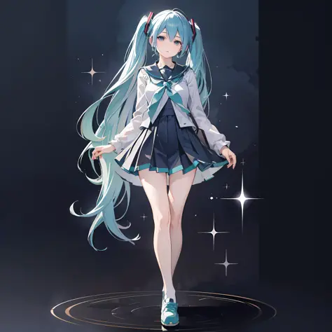 Hatsune Miku with empty eyes、turned around、All body in、sailoruniform、Simple pastel background