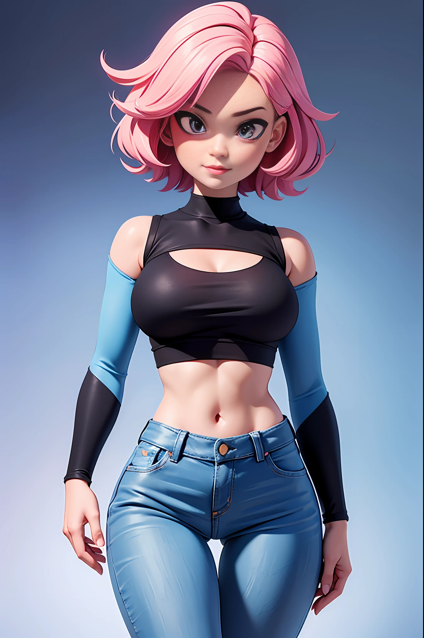 Super sexy Maria dressed （Low-cut and tight （Flared jeans））， （（Pink crop top top：1.5） Vest with exposed neckline）， Short hair, The hair is bluish white， photorealestic， photography of， （A high resolution）， （realisticlying：1.4）， （very intricate）， （exquisitedetails）， highly detaile， A high resolution， Original， Extremely detailed 8k wallpaper， Best Quority， Detailed face， hyper detailled， OriginalPhoto， realisticlying， （thigh gap：1.5）