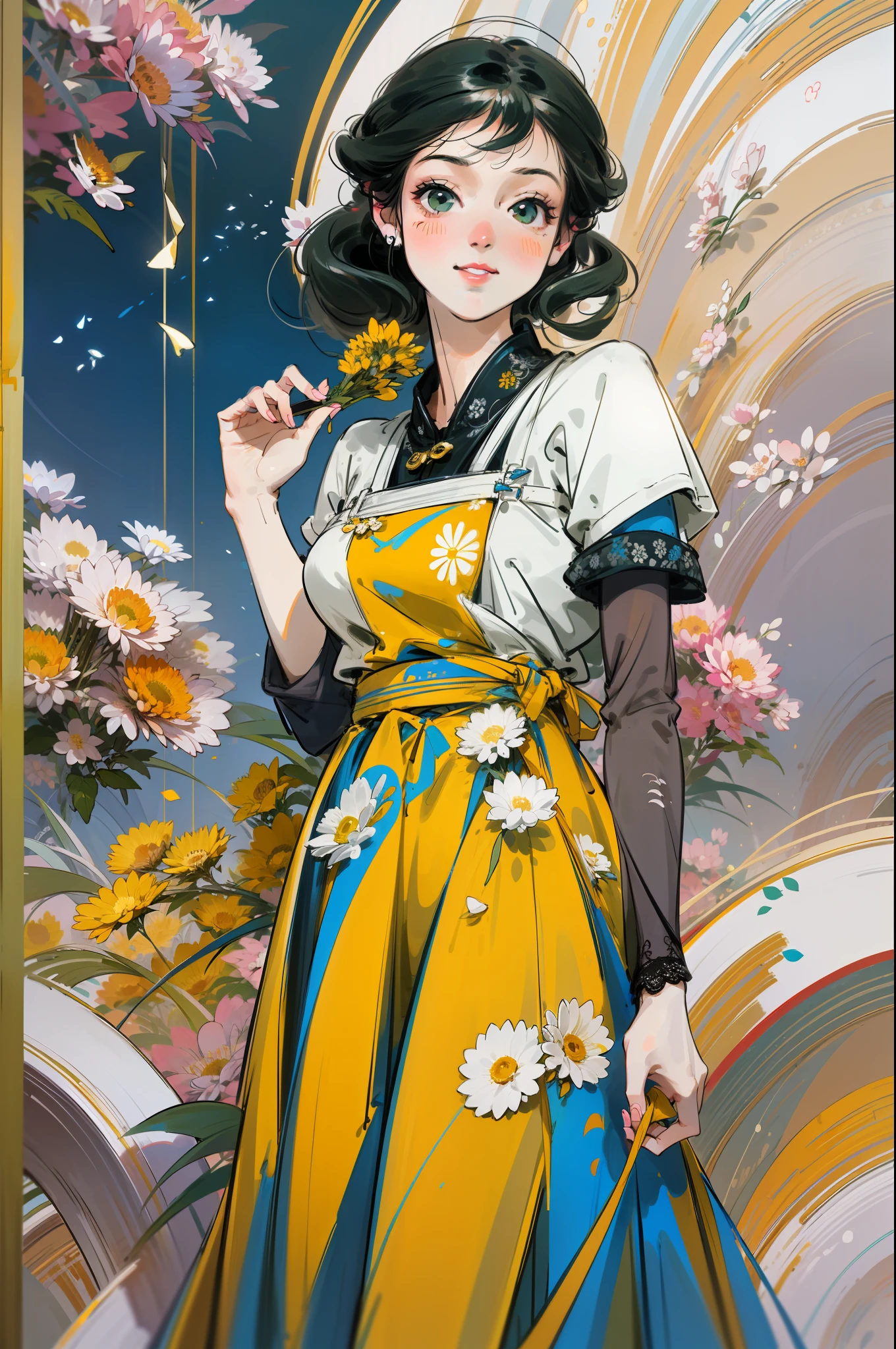 最高品質, 傑作, 高画質, 女の子1人, 閉じる, 赤面, (attractive 笑顔: 0.8), 白い服, 青いプリーツスカート, スカートのレース, 黒髪, リボン, 美しい顔, 笑顔, 歯を見せる, 道路の両側に咲く花, 黄色い菊, 赤い花, 緑の草, 春, 白い雲, 全身, 強烈な光と影, 写真効果, 現実的, , エッジ照明, ツートン照明, (細部までこだわった肌: 1.2), 8K超高解像度, デジタル一眼レフ, 柔らかい照明, 高品質, ボリューム照明,捕獲, 写真, 高解像度, 4k, 8K,