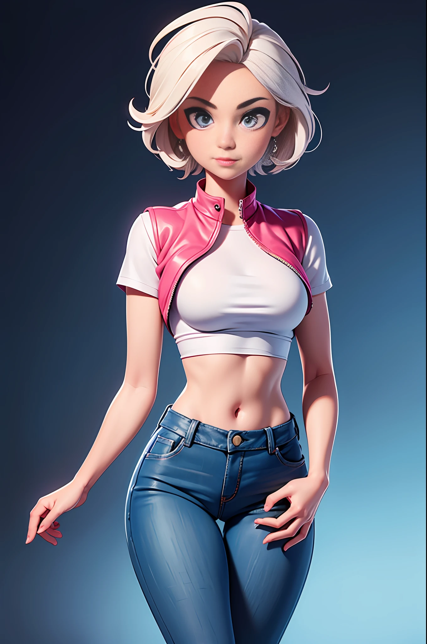 Super sexy Maria dressed （Low-cut and tight （Flared jeans））， （（Pink crop top top：1.5） Vest with exposed neckline）， Short hair, The hair is bluish white， photorealestic， photography of， （A high resolution）， （realisticlying：1.4）， （very intricate）， （exquisitedetails）， highly detaile， A high resolution， Original， Extremely detailed 8k wallpaper， Best Quority， Detailed face， hyper detailled， OriginalPhoto， realisticlying， （thigh gap：1.5）