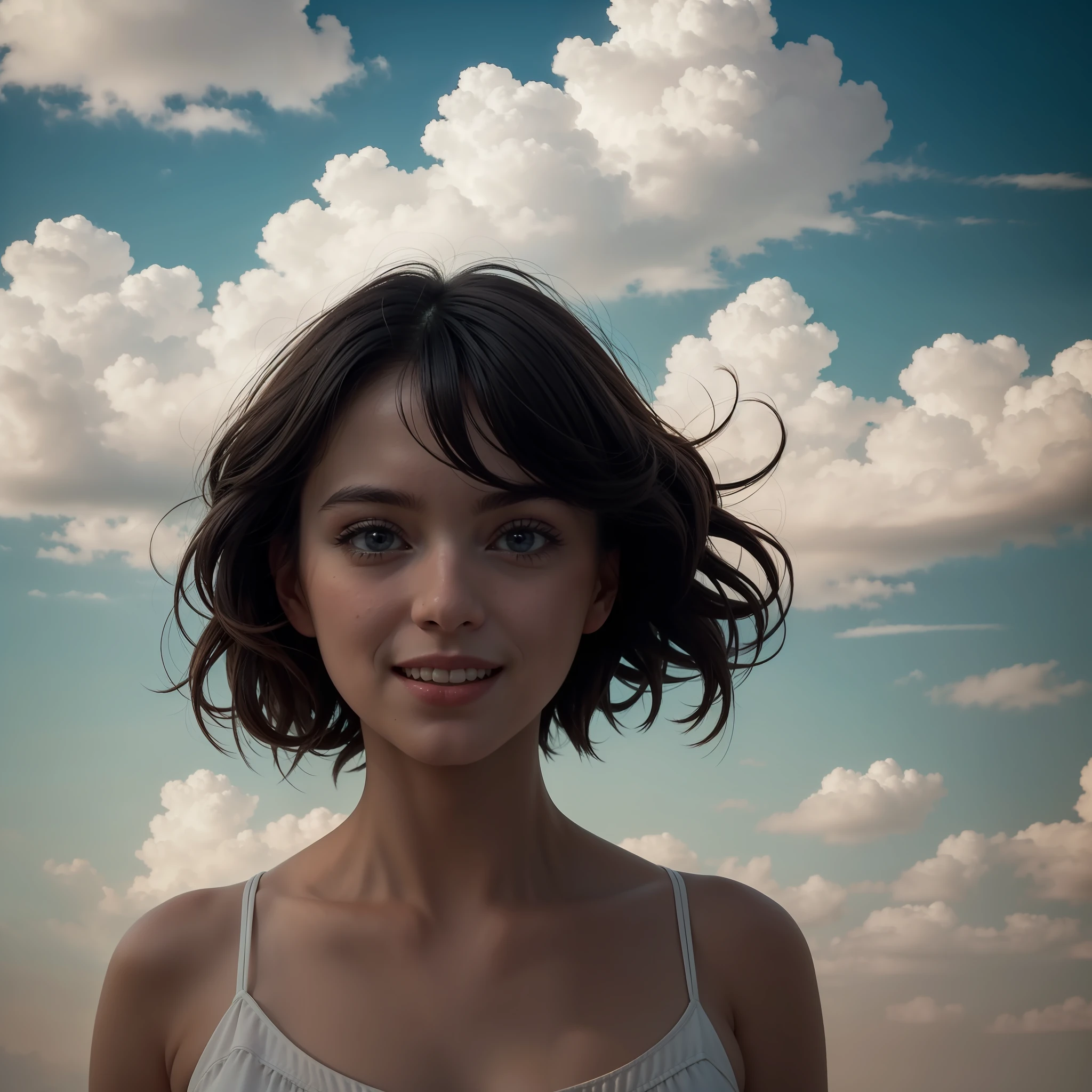 masterpiece, best quality, movie still, 1girl, floating in the sky, cloud girl, cloud, (close-up:1.1), bright, happy, fun, soft lighting, (Bauhaus, shapes, lines, abstract:1.1)