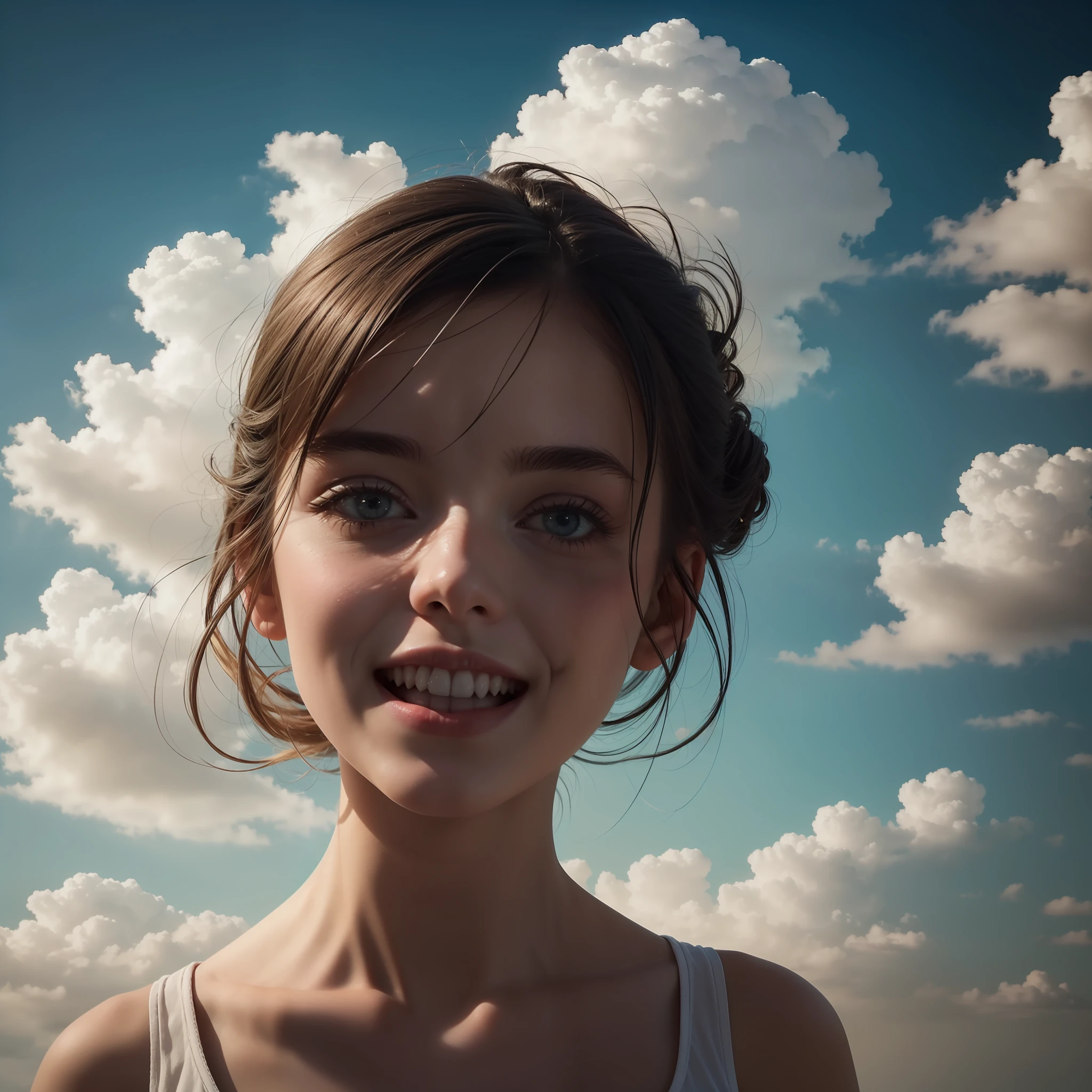 masterpiece, best quality, movie still, 1girl, floating in the sky, cloud girl, cloud, (close-up:1.1), bright, happy, fun, soft lighting, (Bauhaus, shapes, lines, abstract:1.1)