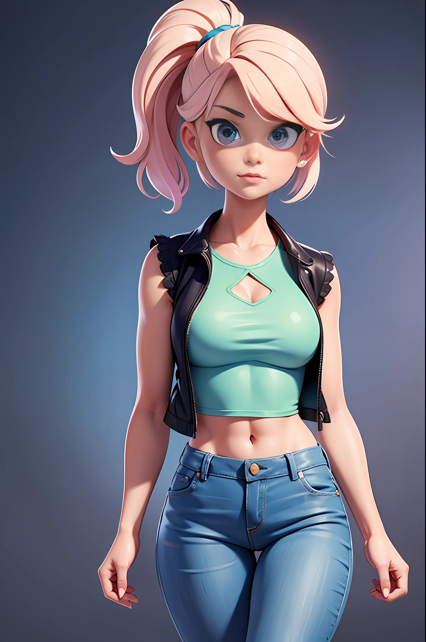 Super sexy Maria dressed （Low-cut and tight （Flared jeans））， （（Pink crop top top：1.5） Vest with exposed neckline）， Short hair, The hair is bluish white， photorealestic， photography of， （A high resolution）， （realisticlying：1.4）， （very intricate）， （exquisitedetails）， highly detaile， A high resolution， Original， Extremely detailed 8k wallpaper， Best Quority， Detailed face， hyper detailled， OriginalPhoto， realisticlying， （thigh gap：1.5）