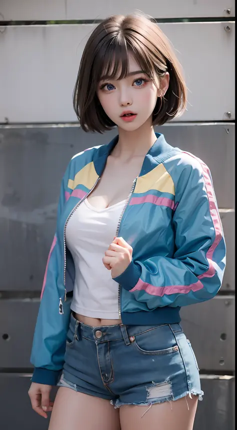 white 20yo female, blue eyes, yellow-blue-pink mix multicolor hair, (((surprised face, surprised gestures hands))), ((perfect expression blue eyes)), medium-short hairstyle, wearing pastel colorstyle cropped tshirt with stylish printed jacket and various s...