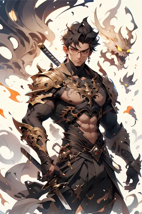 1boy, arme, Accent mis sur les hommes, black short hair, black glasses, holding sword, , , , armure, , fourreau, Pectoraux, , , ...