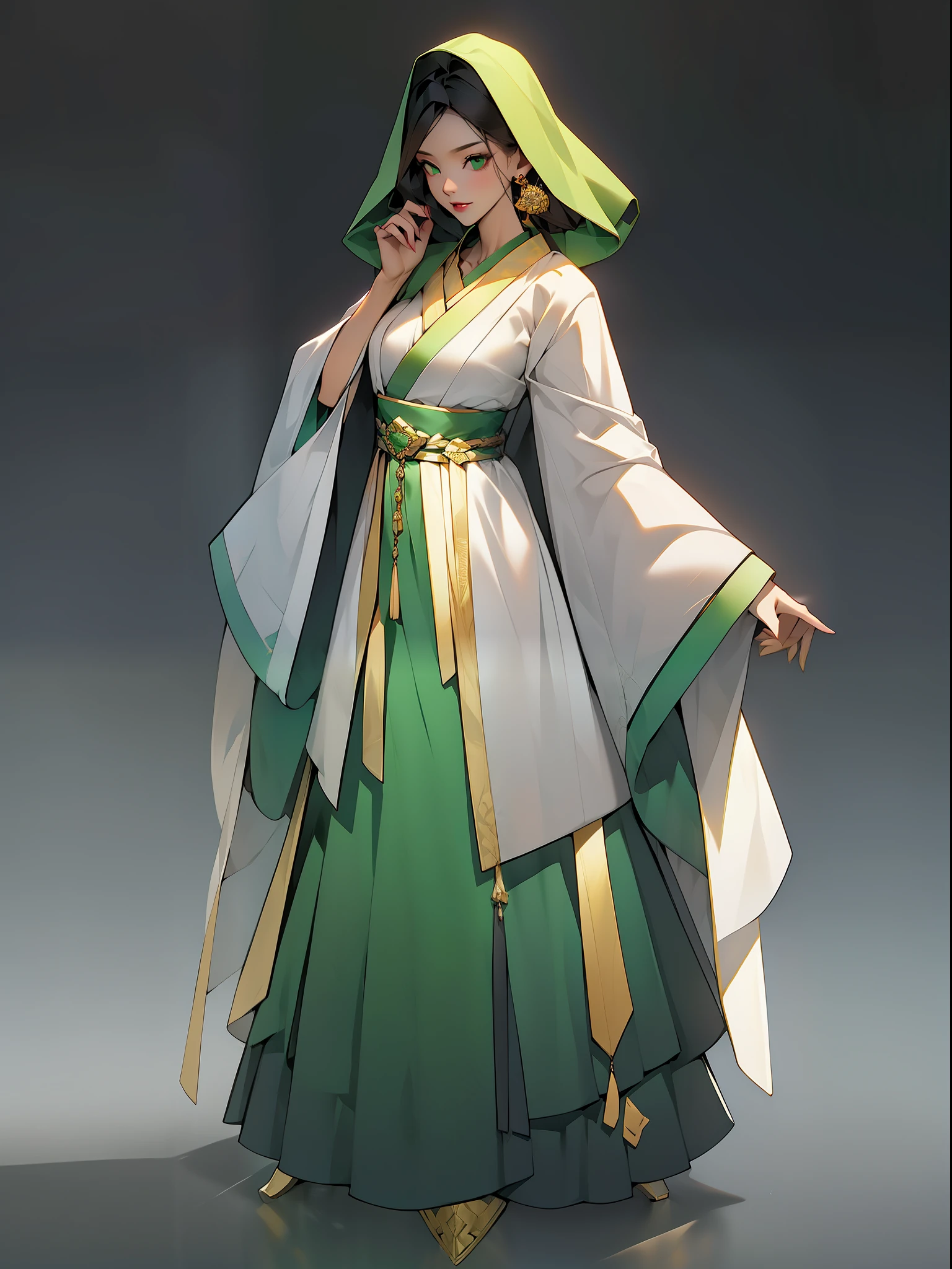 （NOhumans：1.5）， a masterpiece of， Ultimate，（Green gauze dress），（Ancient Chinese clothes，pleated long skirt，cloaks，gossamer，gold chains，Green Hanfu，Phnom Penh embroidery），gameicon，