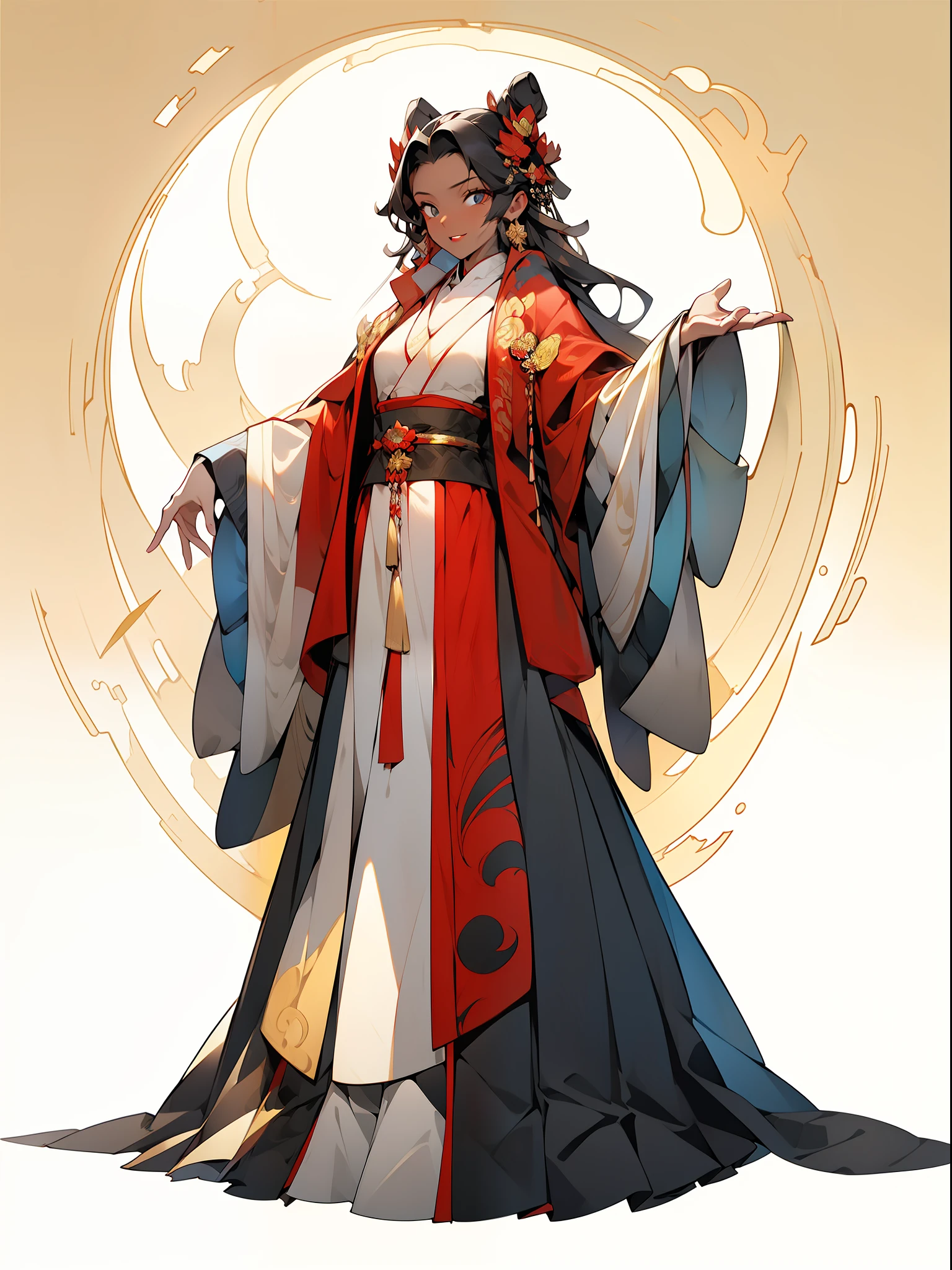 （NOhumans：1.5）， a masterpiece of， Ultimate，（Fur collar coat），（Ancient Chinese clothes，pleated long skirt，cloaks，gossamer，gold chains，red color Hanfu，Phnom Penh embroidery），gameicon，