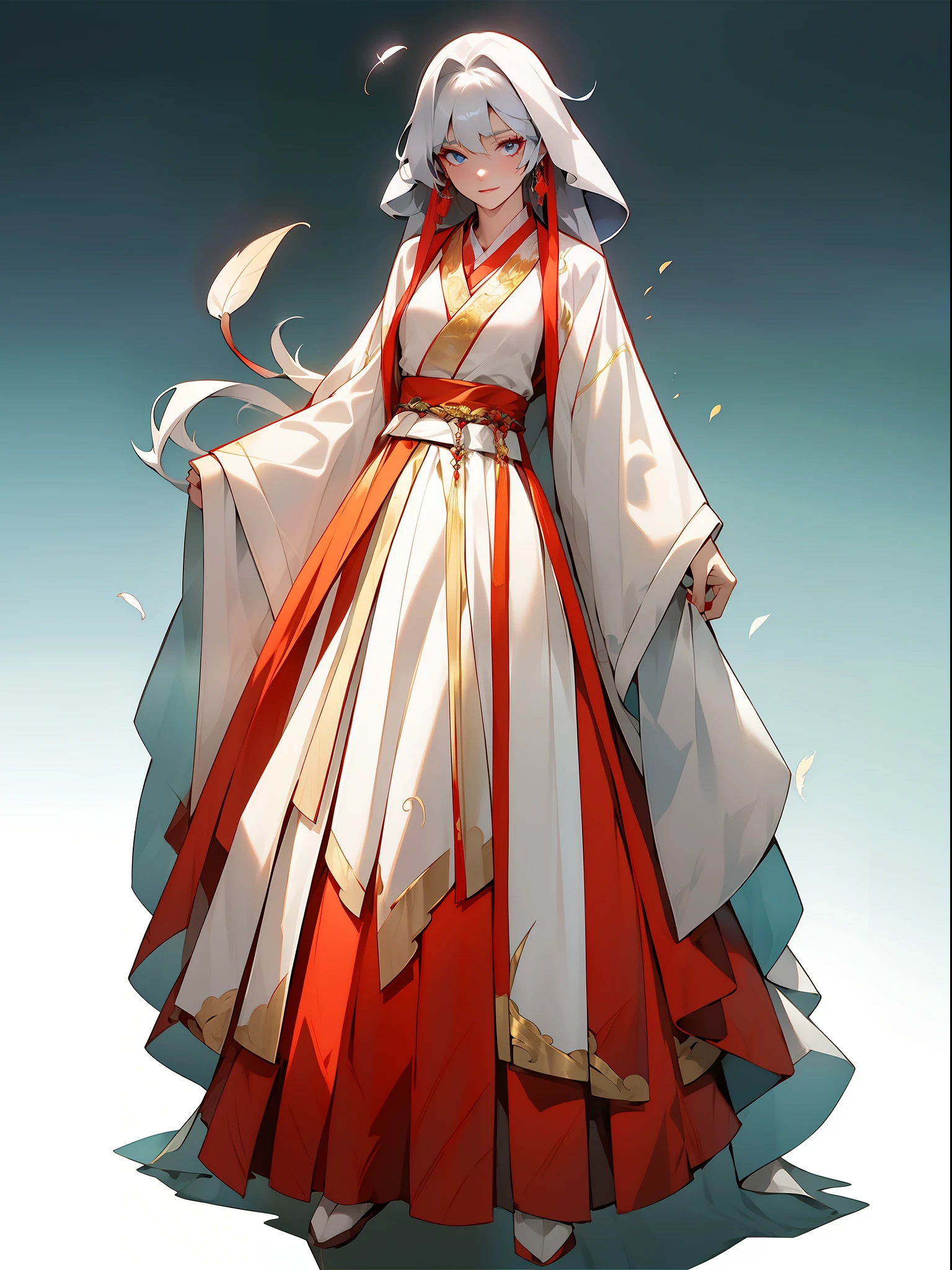 （NOhumans：1.5）， masterpaintings， Ultimate，（a color，feather hair），Ancient Chinese clothes，Gorgeous collared top，pleated long skirt，cloaks，gossamer，gold chains，red color Hanfu，Phnom Penh embroidery，gameicon，