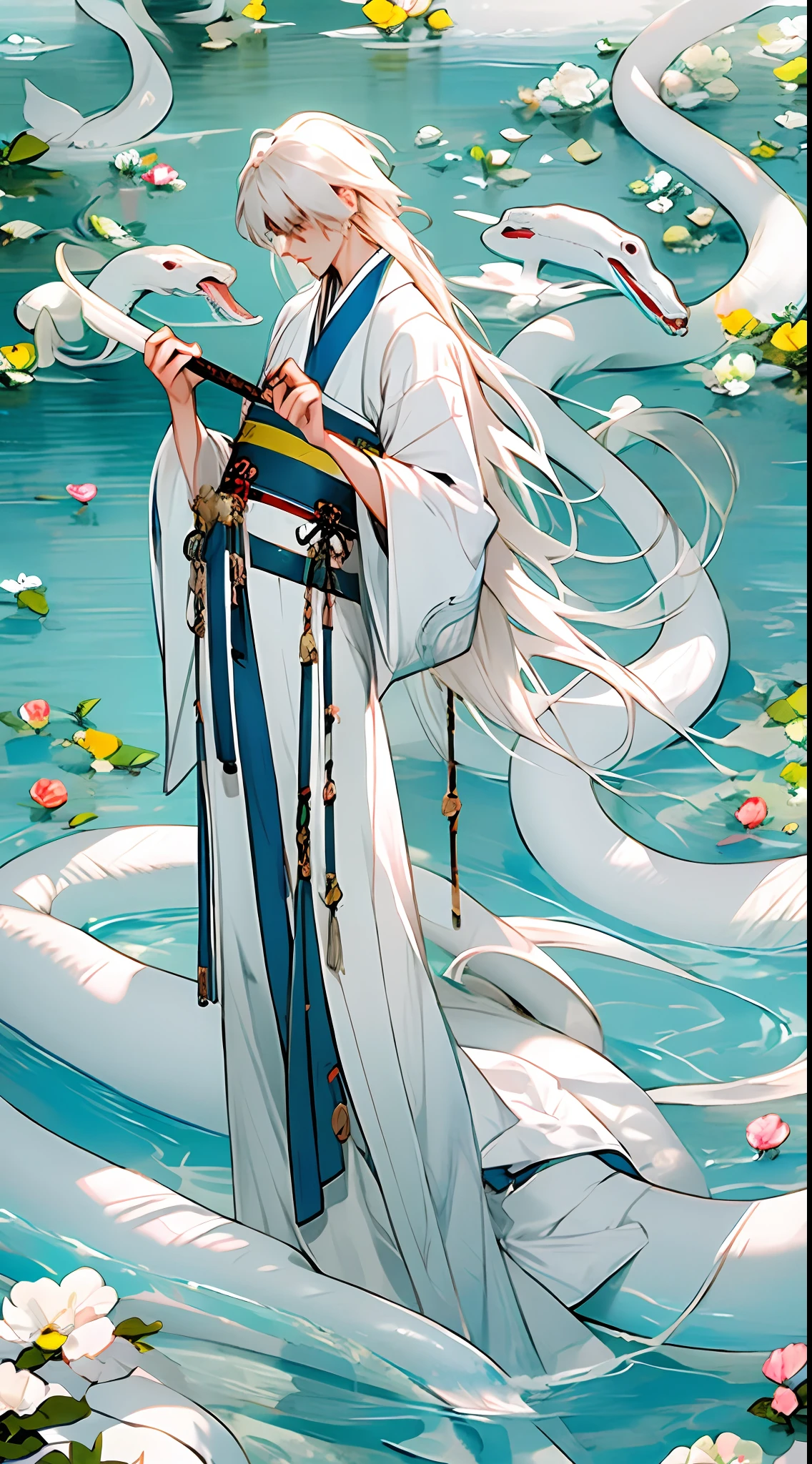 1boyale，hombre，hanfu，ropa china，pelo blanco，serpiente blanca，Enorme serpiente，agua