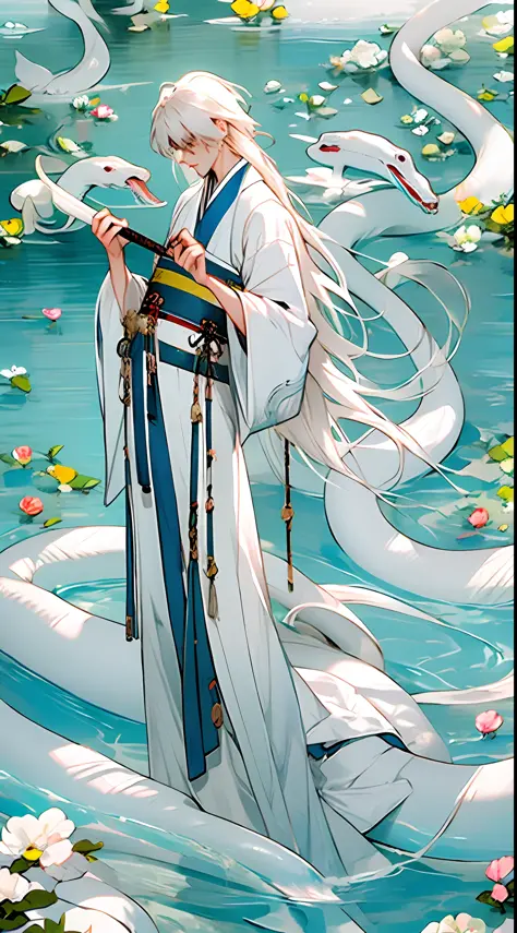 1boys，Male，man，Hanfu，Chinese clothing，White hair，White Snake，huge snake，Water