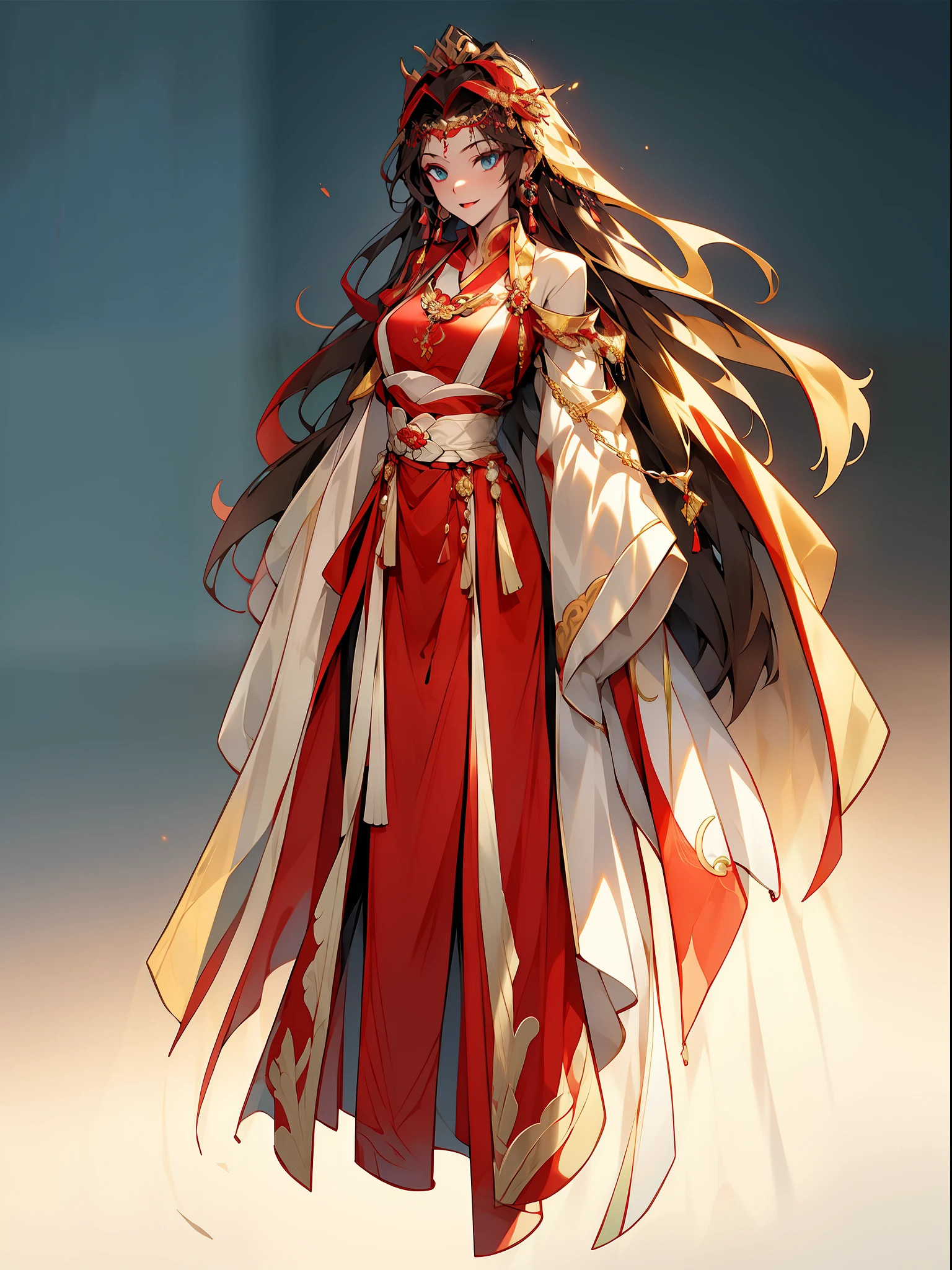 （NOhumans：1.5），（clothing design）， a masterpiece of， Ultimate，（a color），Ancient Chinese clothes，Western Regions clothing，gossamer，gold chains，red color Hanfu，Phnom Penh embroidery，gameicon，