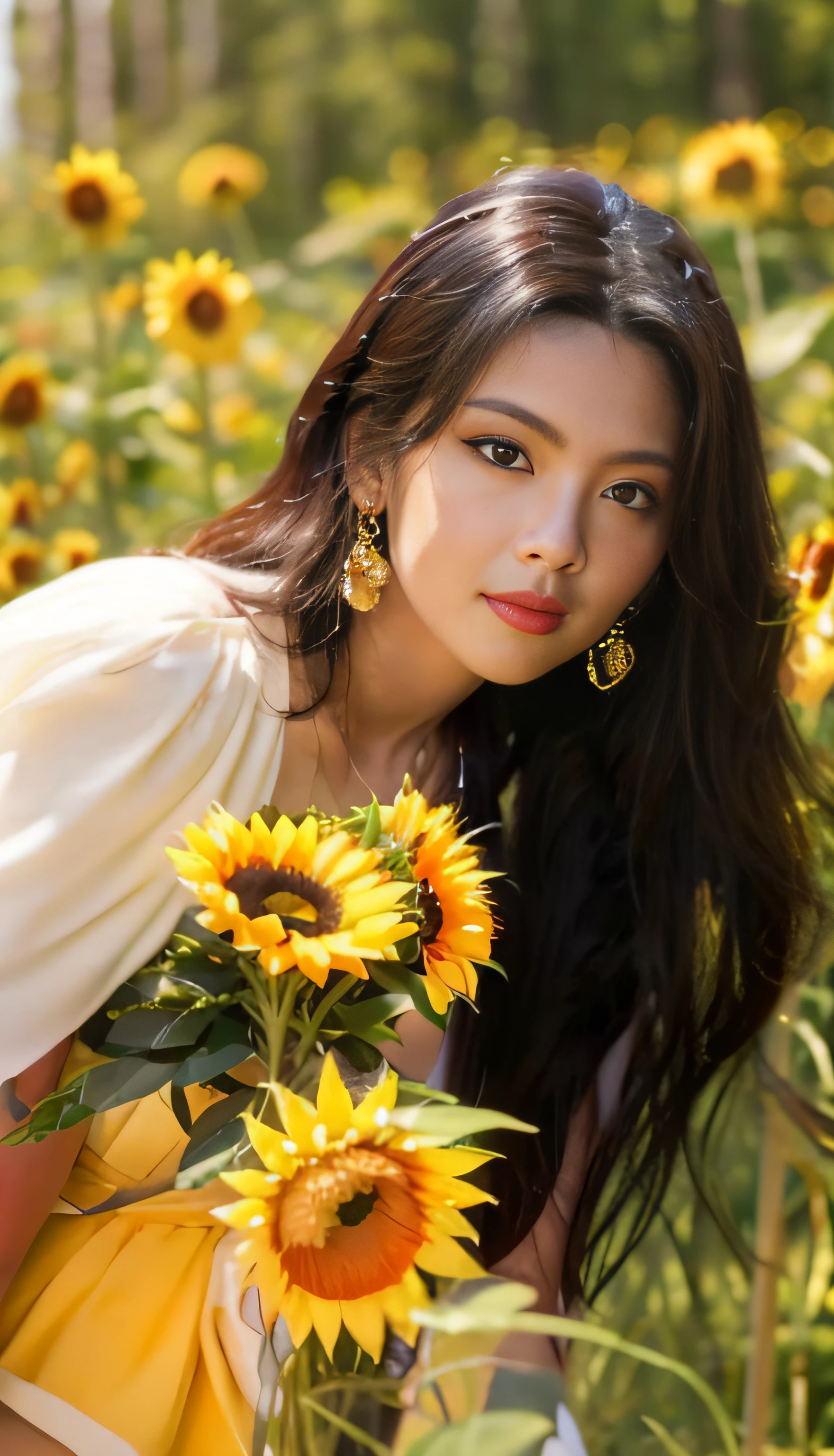 un primer plano de una mujer con un vestido verde sosteniendo un girasol, caliente con sol brillante, inspirado en Xie Sun, inspirado en Huang Ji, girasoles en el fondo, hermosas modelos chinas, jennie rosa negro, tzuyu de dos veces, chen xintong, gongbi, inspirado en Wu Bin, albúm de arte, hermosa niña girasol, Lu Ji, Xision Wu