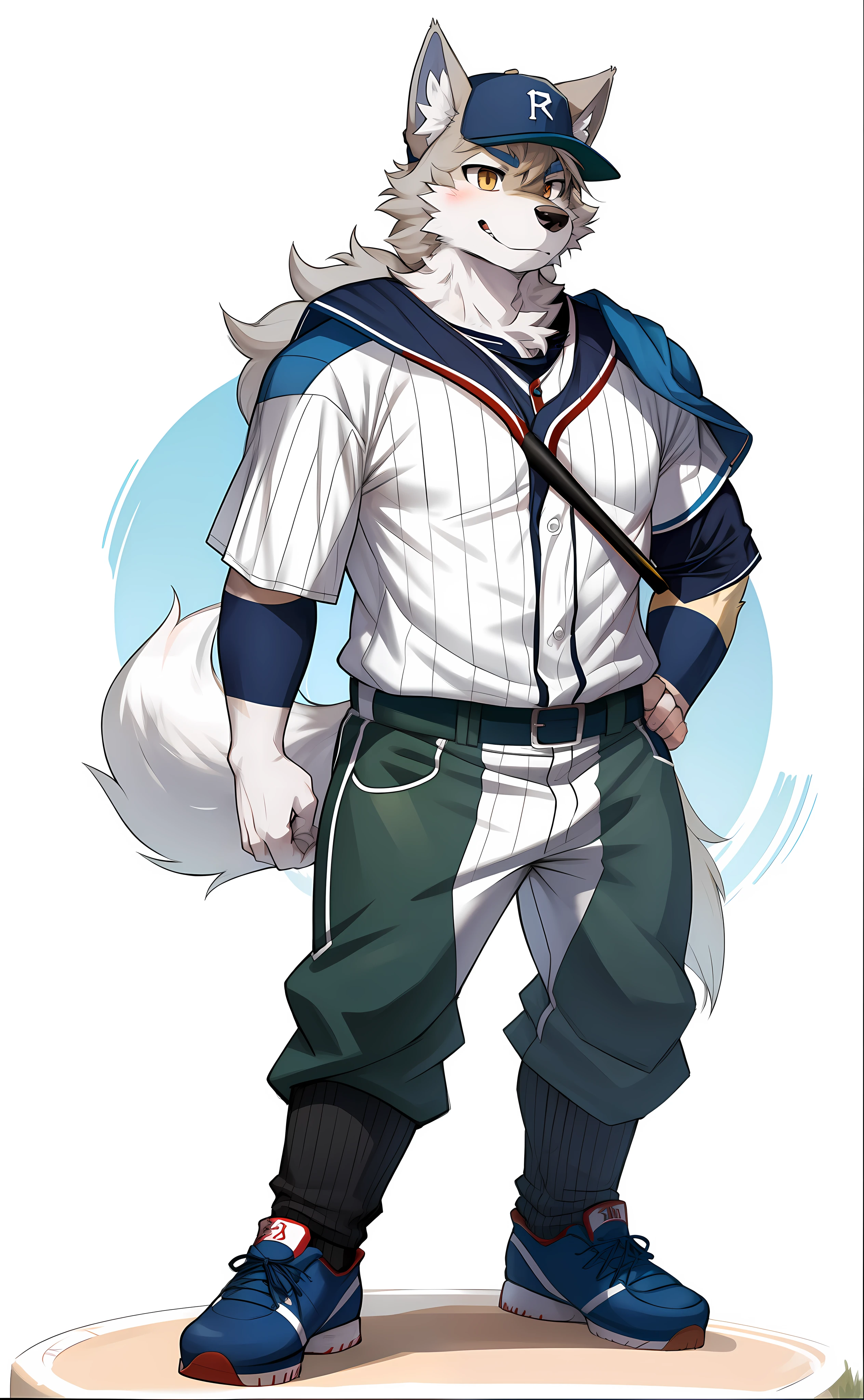 Wolf boy，1 male furry, 独奏，shaggy，Baseball uniforms，baseball cap，Baseball pants，Baseball attire，Stand on the baseball field，perspired，sport，Thin body type，Shota