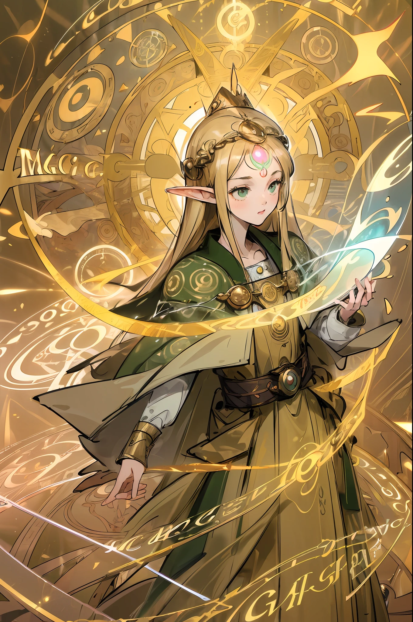 ((Masterpiece, Best Quality, High Definition, High Detail)))), ((((Fantasy))), One, (Elf Woman))))), (White Short Skirt with Gold Embroidery), (Blonde Long Straight Hair), (Fine Dark Green Eyes)))), (Green cloak armor with gold embroidery)), Big, (Strong Wind), (Cast spell)), (A lot of glowing grains are flying), ((( A vortex of light gathers in the hand))), ((((Magic circle of light with magic patterns and letters densely drawn in the background))), forest, (magic circle is reflected in the cloak)