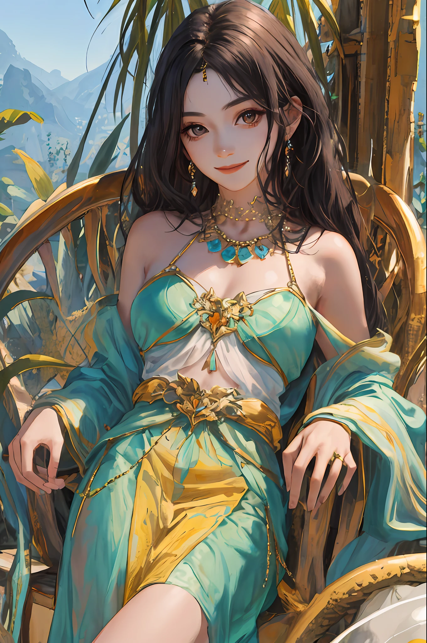 1girl ,harem outfit,masterpiece, high quality, tropical palace, bare shoulders,  looking at viewer, necklace,(masterpiece:1.2),(best quality:1.2),shiny skin,pale skin,see-through,,realistic,detailed clothes features,closed mouth, portrait,smile
