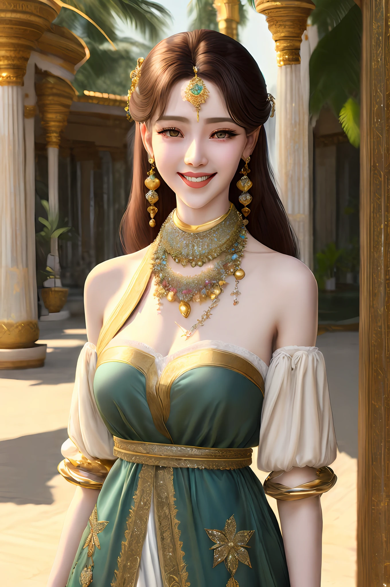 1girl ,harem outfit,masterpiece, high quality, tropical palace, bare shoulders,  looking at viewer, necklace,(masterpiece:1.2),(best quality:1.2),shiny skin,pale skin,see-through,,realistic,detailed clothes features,closed mouth, portrait,smile