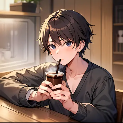 anime boy drinking a drink at a table with a wooden table, with a drink, drinking coffee, holding a drink, drinking a coffee, an...