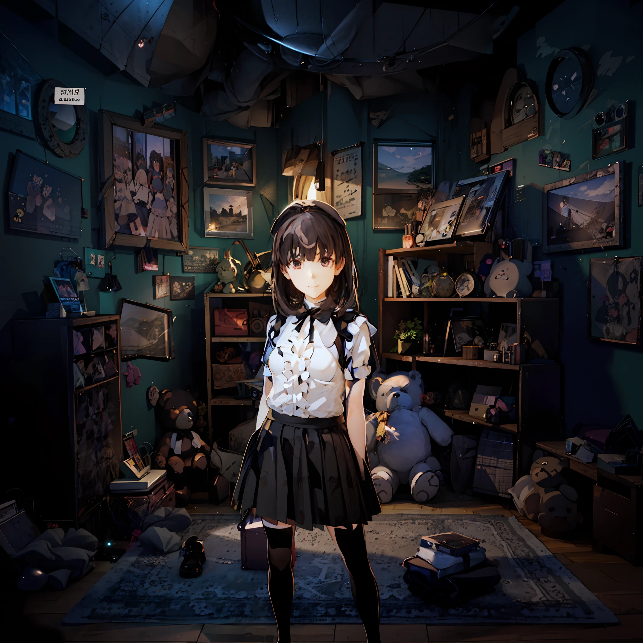 anime girl in a room with a teddy bear and a lamp, Kantai Collection Style, official artwork hdr, visual novel cg, personal room background, anime styled 3d, anime moe art style, Rin, small loli girl, Lori, ( ( ( ( 3 d render ) ) ) ), official artwork, Anime style. 8K, 8K!!