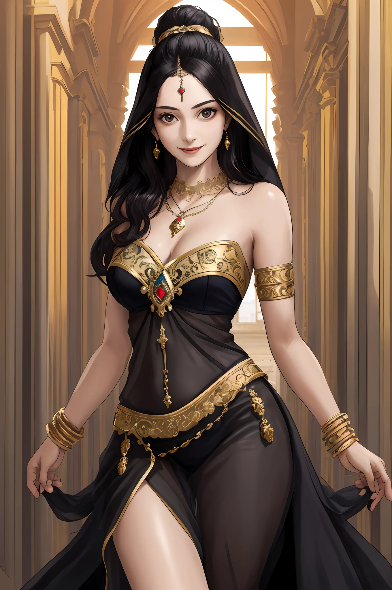 1girl ,harem outfit,masterpiece, high quality,on the St. Peter's Square of vatican, bare shoulders,  looking at viewer, necklace,(masterpiece:1.2),(best quality:1.2),shiny skin,pale skin,see-through,,realistic,detailed clothes features,closed mouth, portrait,smile