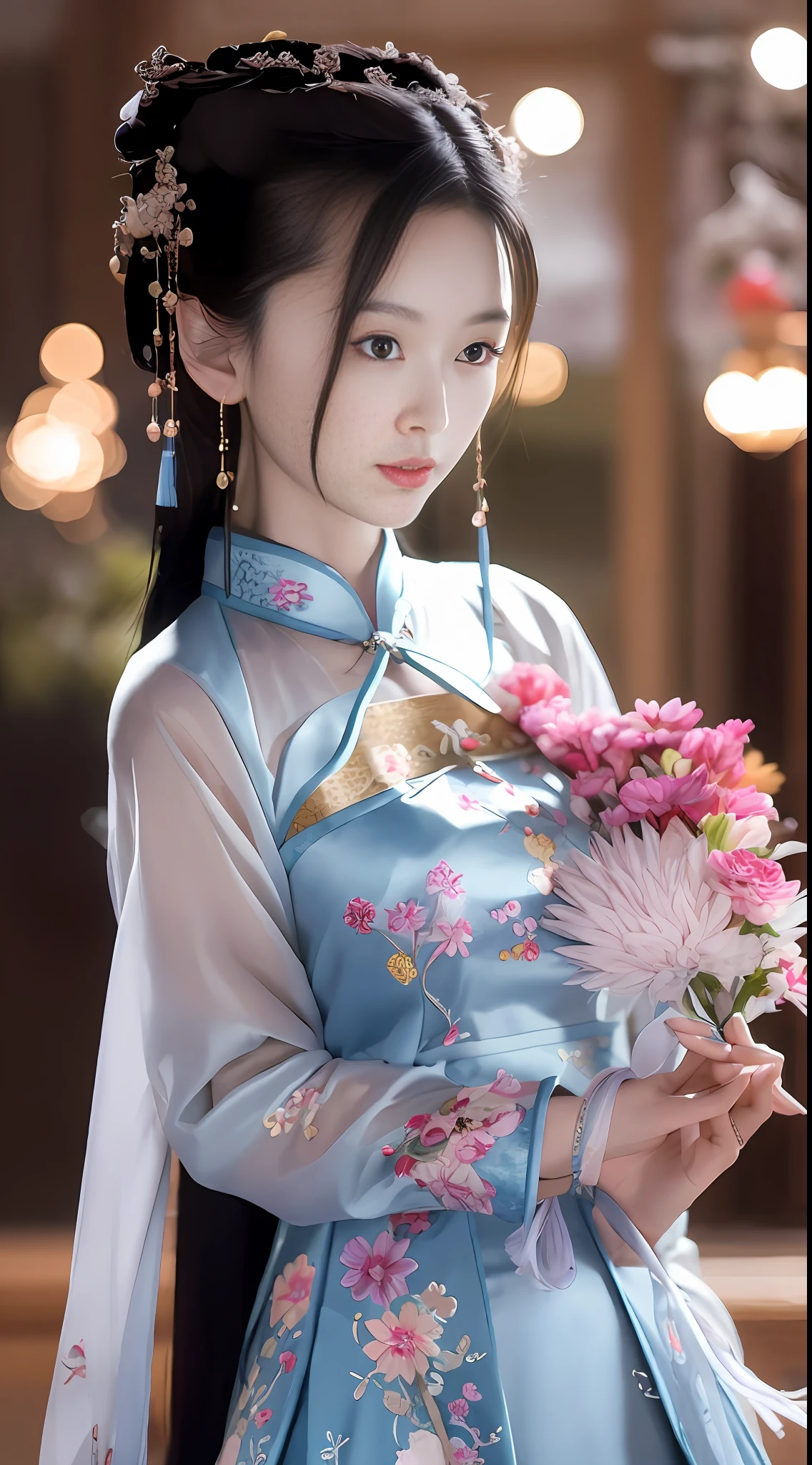 A beautiful woman wearing an embroidered cheongsam, holding a tuan fan (蒲fan) in her hand, looking at you thoughtfully, antique and antique, everyone is beautiful,