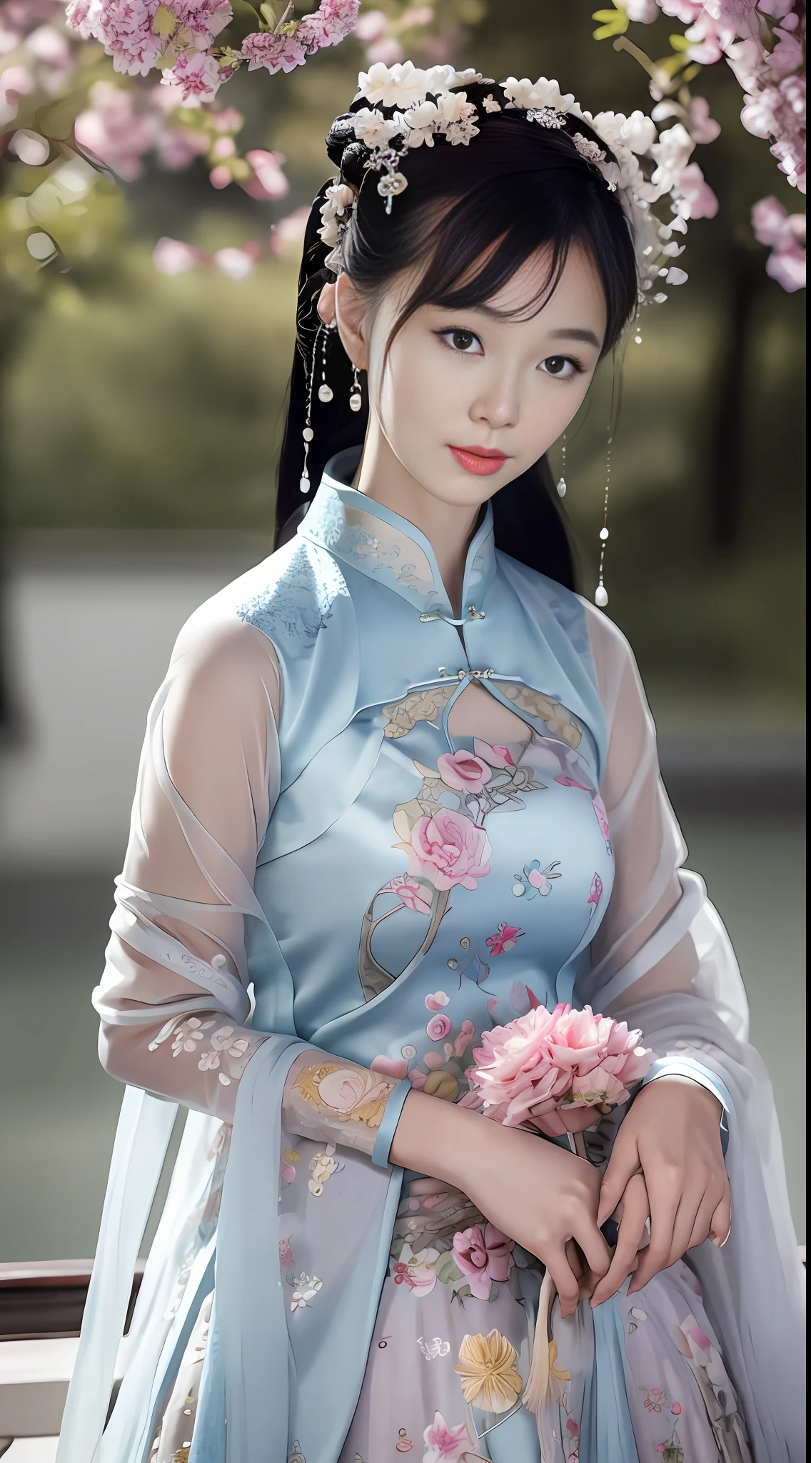 A beautiful woman wearing an embroidered cheongsam, holding a tuan fan (蒲fan) in her hand, looking at you thoughtfully, antique and antique, everyone is beautiful,