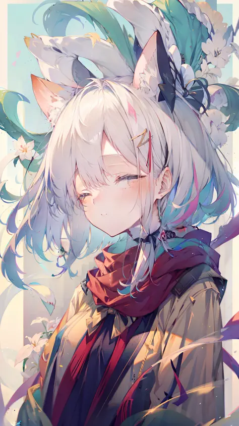 masterpiece, best quality, 1girl, white hair, medium hair, cat ears, closed eyes, looking at viewer, :3, cute, scarf, jacket, ou...