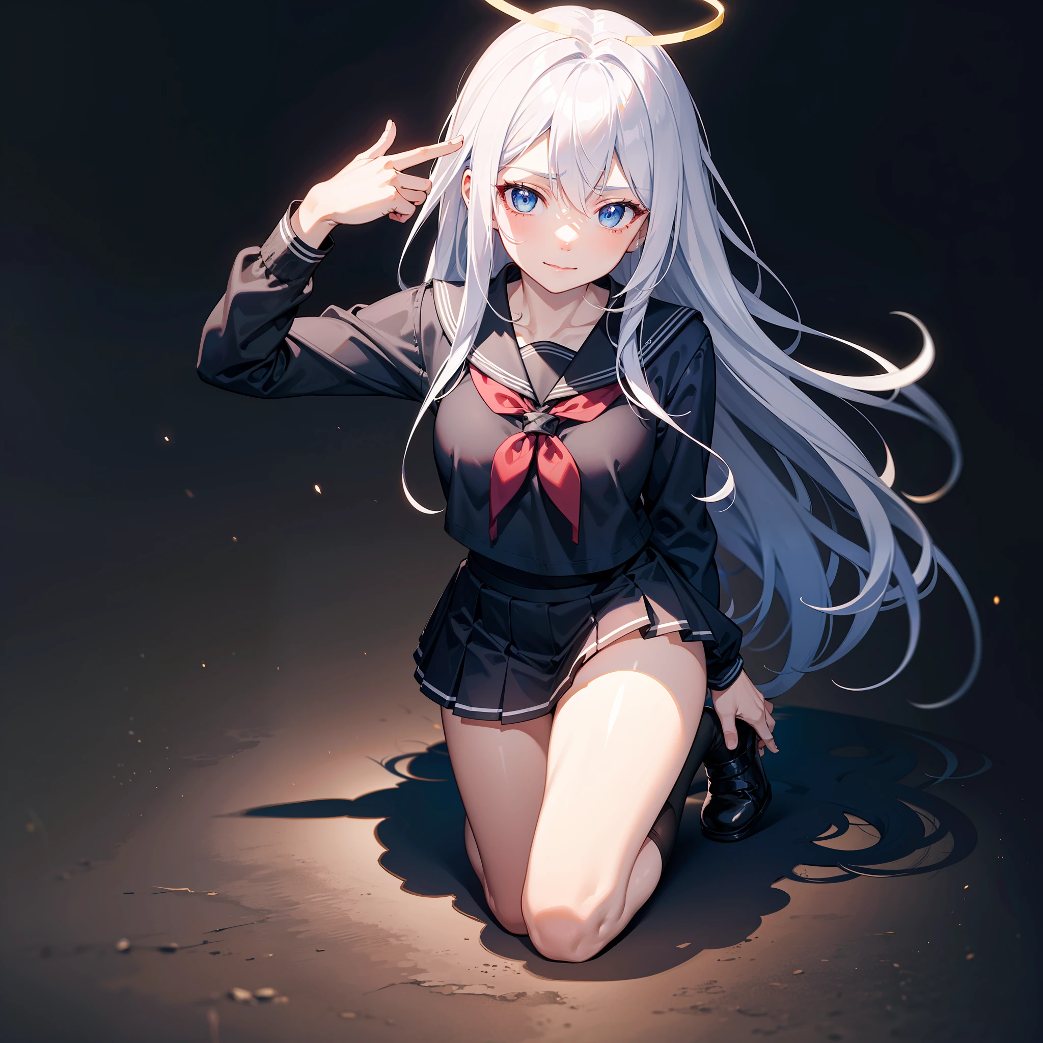 巨作, Best quality, 巨作,Best quality,offcial art,Extremely detailed CG unity 8k wallpaper, crepuscular, strong rimlight, intense shadow, Game_CG, girl, hair between eye, Blue eyes, Small breasts, tsurime, Long hair, White hair, Putting up with_face, Kneeling, Naughty_face, serafuku,fullllbody,,metal halo,a glowing halo,finger gun