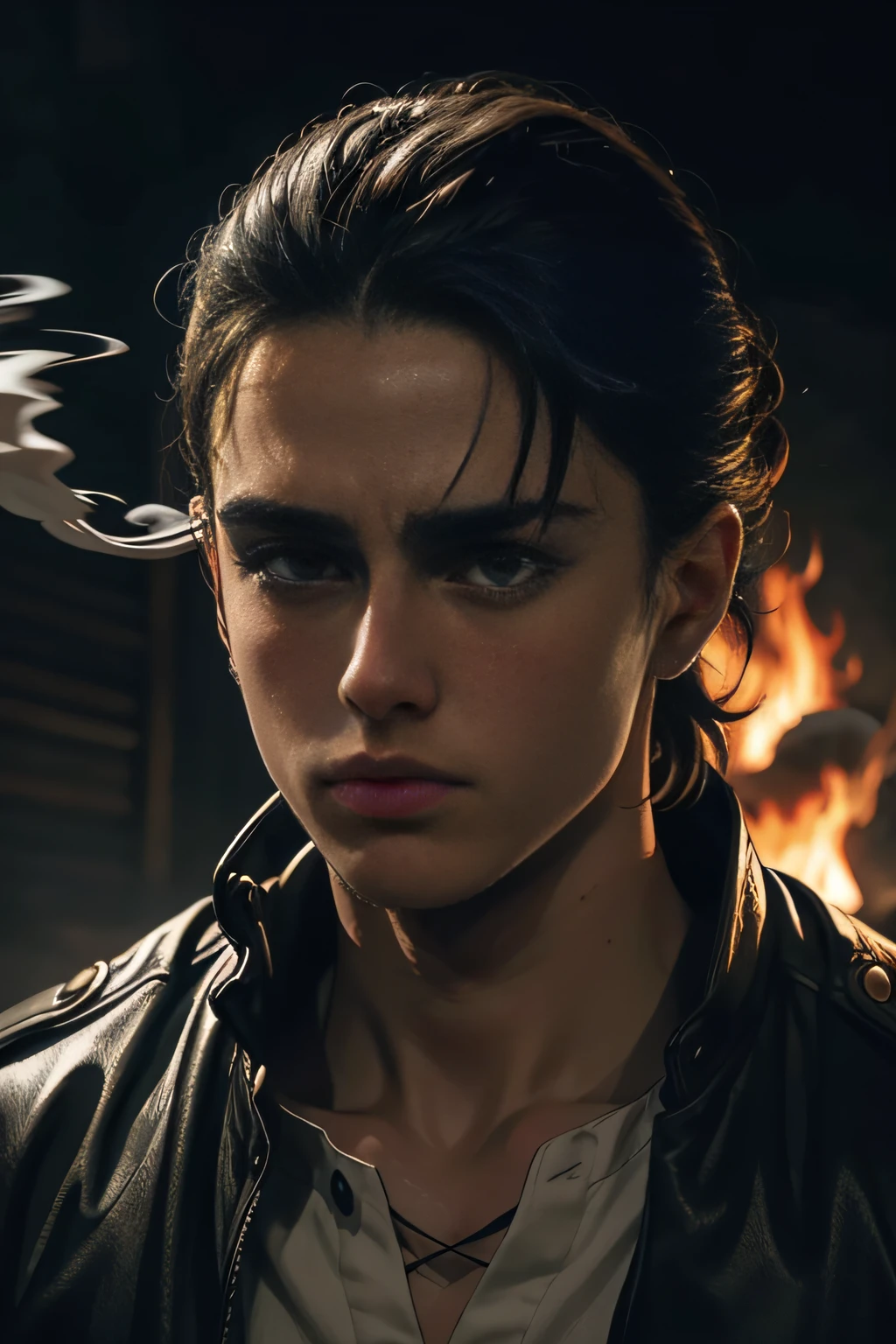 Detailed CG portrait of Eren Yeager with dynamic pose, dramatic lighting, and heavy contrast. His intense gaze catches the viewer's attention. Dark background with hints of smoke and fire, conveying a sense of danger and determination. High resolution and extremely detailed.