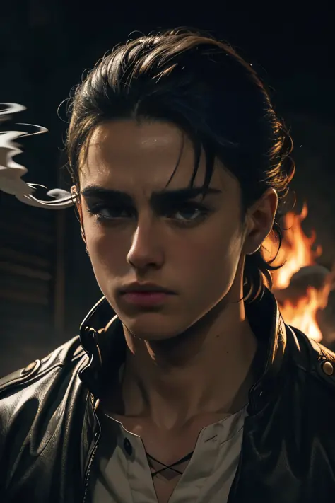 detailed cg portrait of eren yeager with dynamic pose, dramatic lighting, and heavy contrast. his intense gaze catches the viewe...