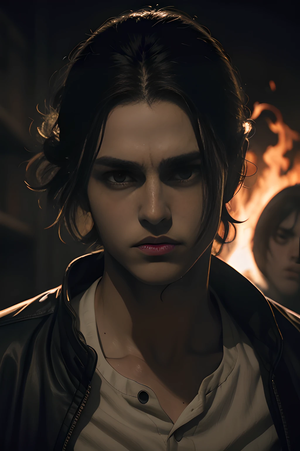 Detailed CG portrait of Eren Yeager with dynamic pose, dramatic lighting, and heavy contrast. His intense gaze catches the viewer's attention. Dark background with hints of smoke and fire, conveying a sense of danger and determination. High resolution and extremely detailed.